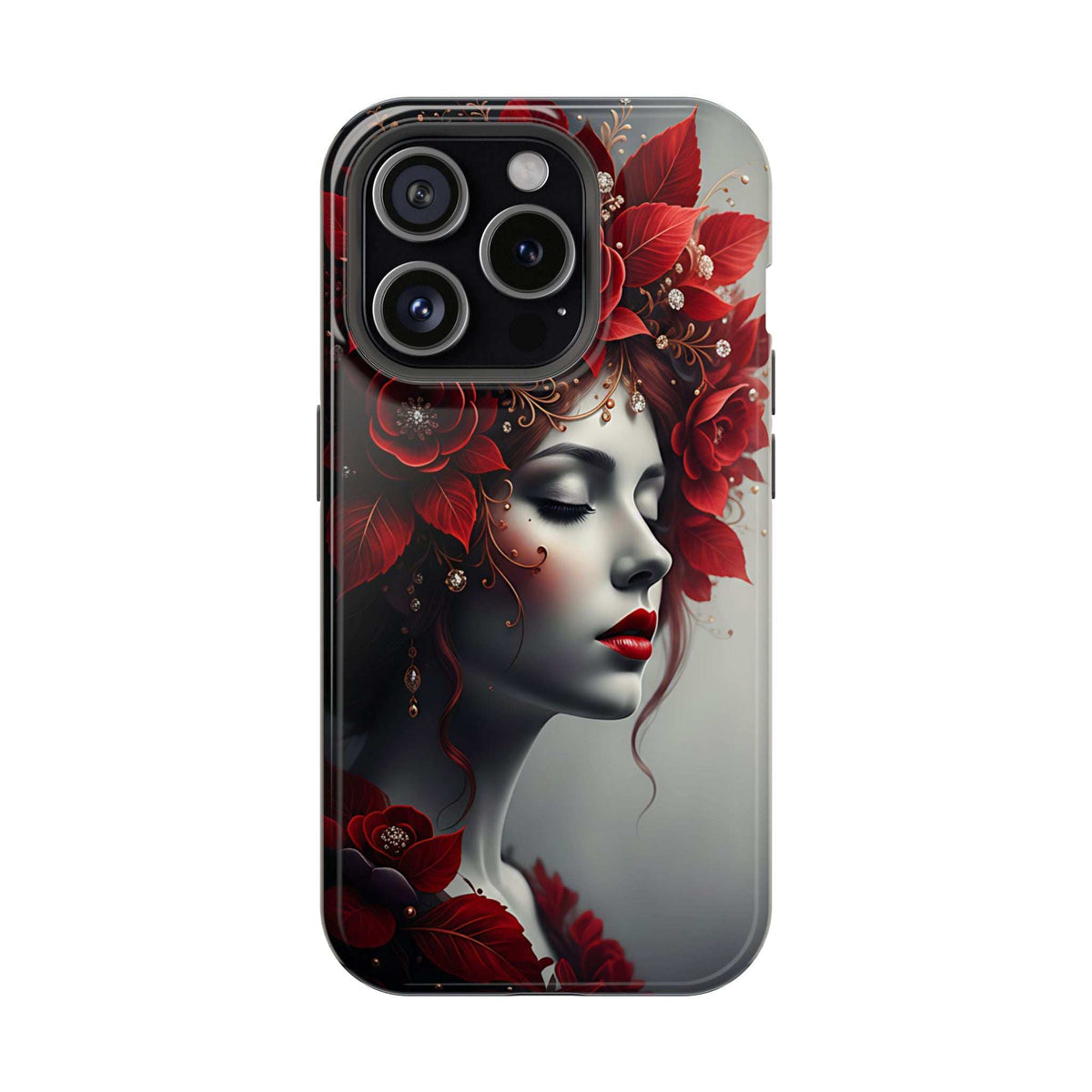Phone case close-up front with red floral portrait woman and black camera cutouts