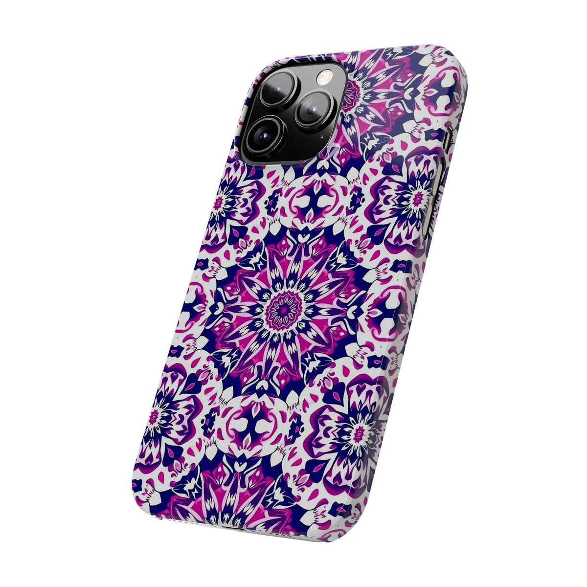 Purple and white floral patterned phone case with precise camera openings and grip