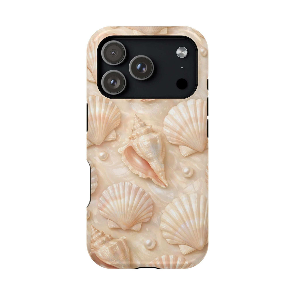 Seashell phone case for iPhone 13–17 with beige shell pattern and dual camera cutout