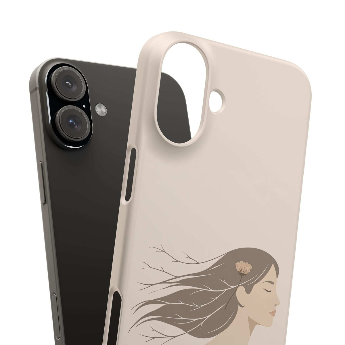 Cream phone case with floral woman line art, includes camera cutout and side button cutouts