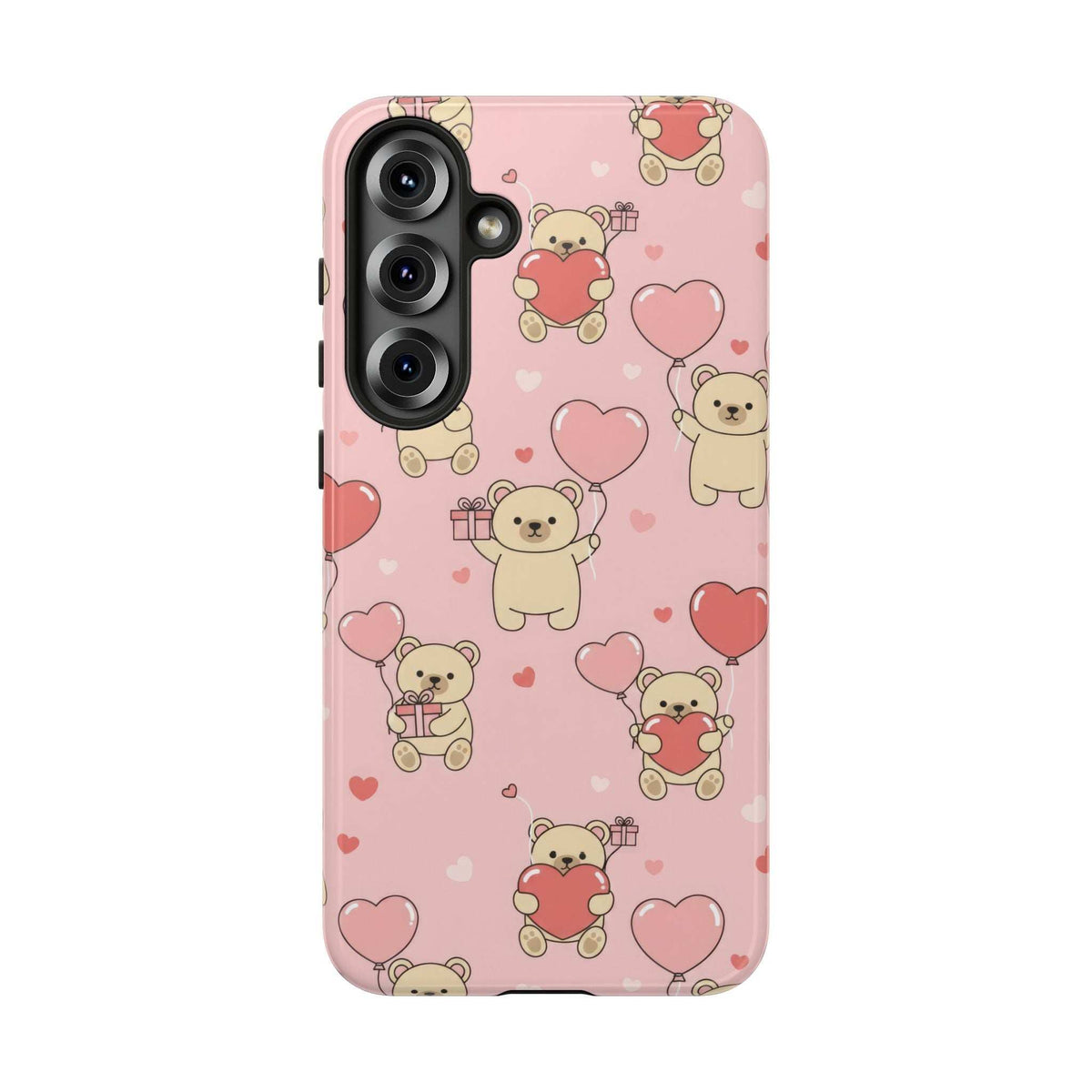 Pink teddy bear and heart phone case with camera openings and heart pattern