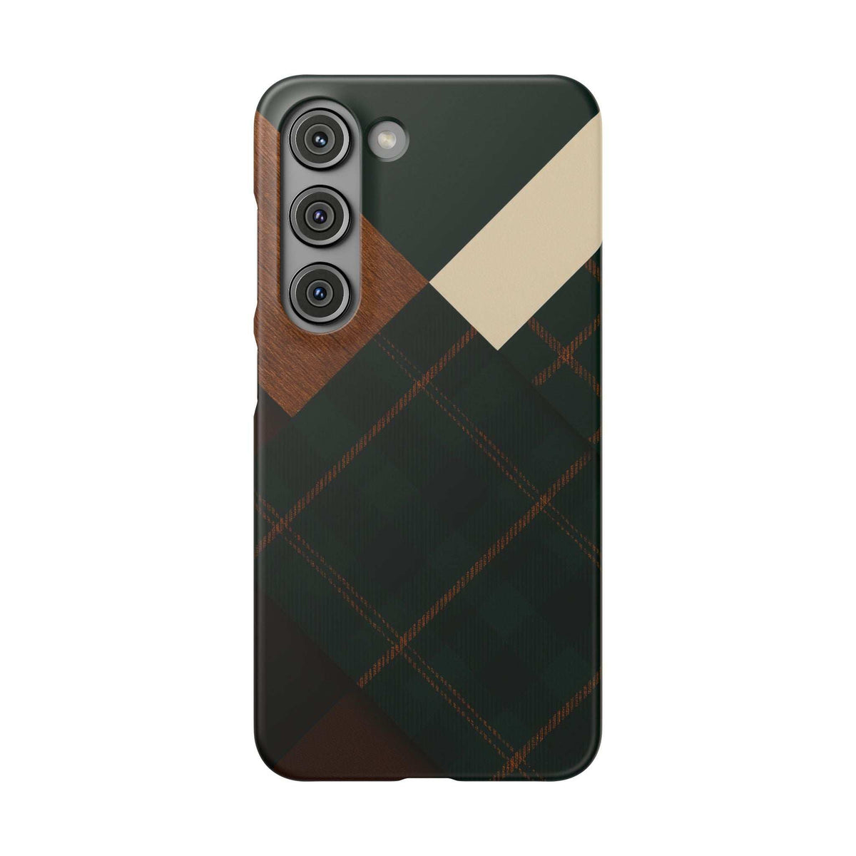 Green plaid phone case with tan diagonal stripe and brown patch, rear camera and flash cutouts