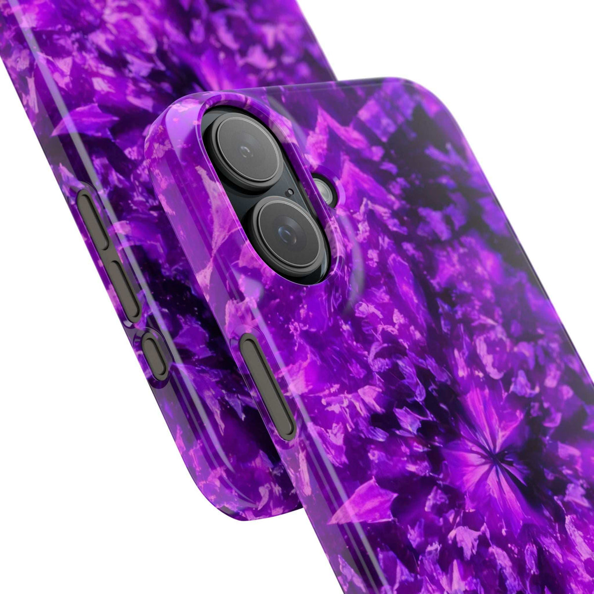 Purple kaleidoscope phone case showing textured pattern with camera cutout, angled view