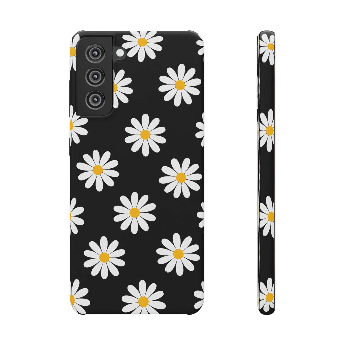 Black phone case with white daisies and yellow centers; back camera cutouts with flash.