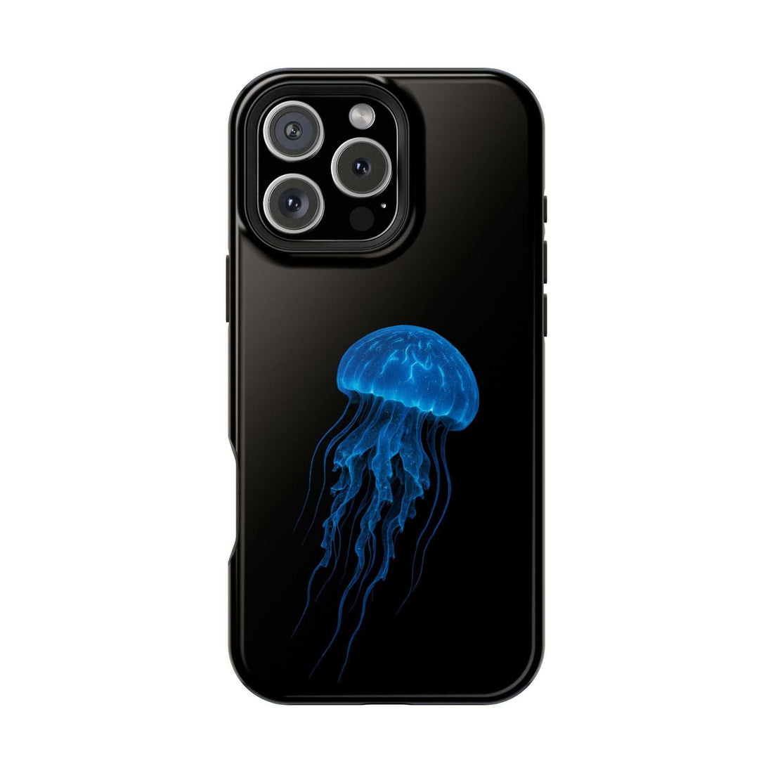 Black phone case with centered blue jellyfish graphic, camera cutouts on back