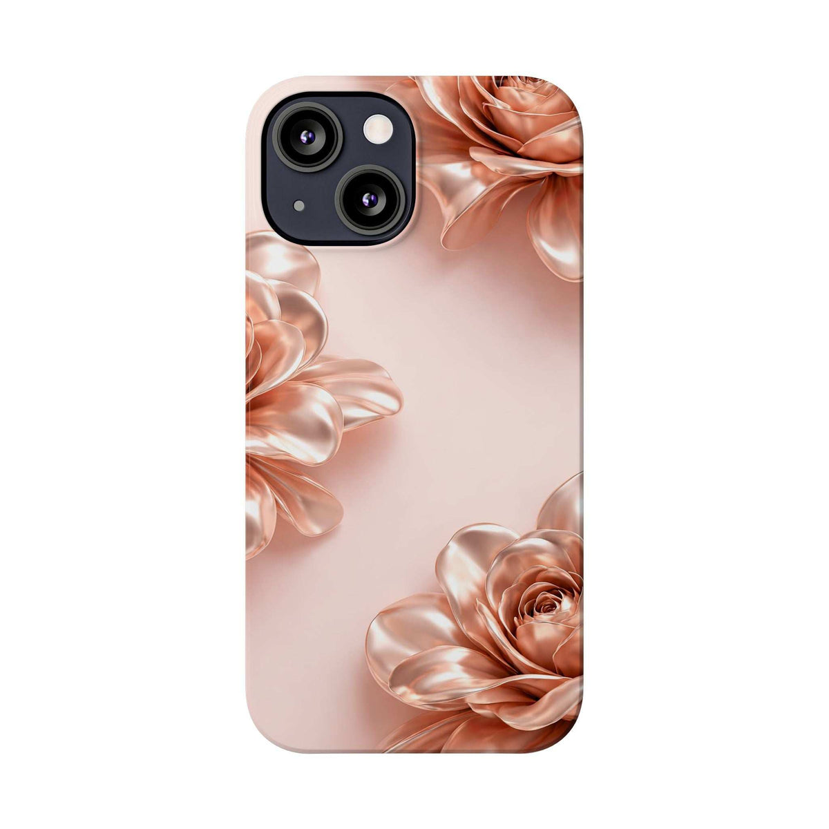 Blush metallic flower phone case with rose design and cutouts for iPhone 11-17