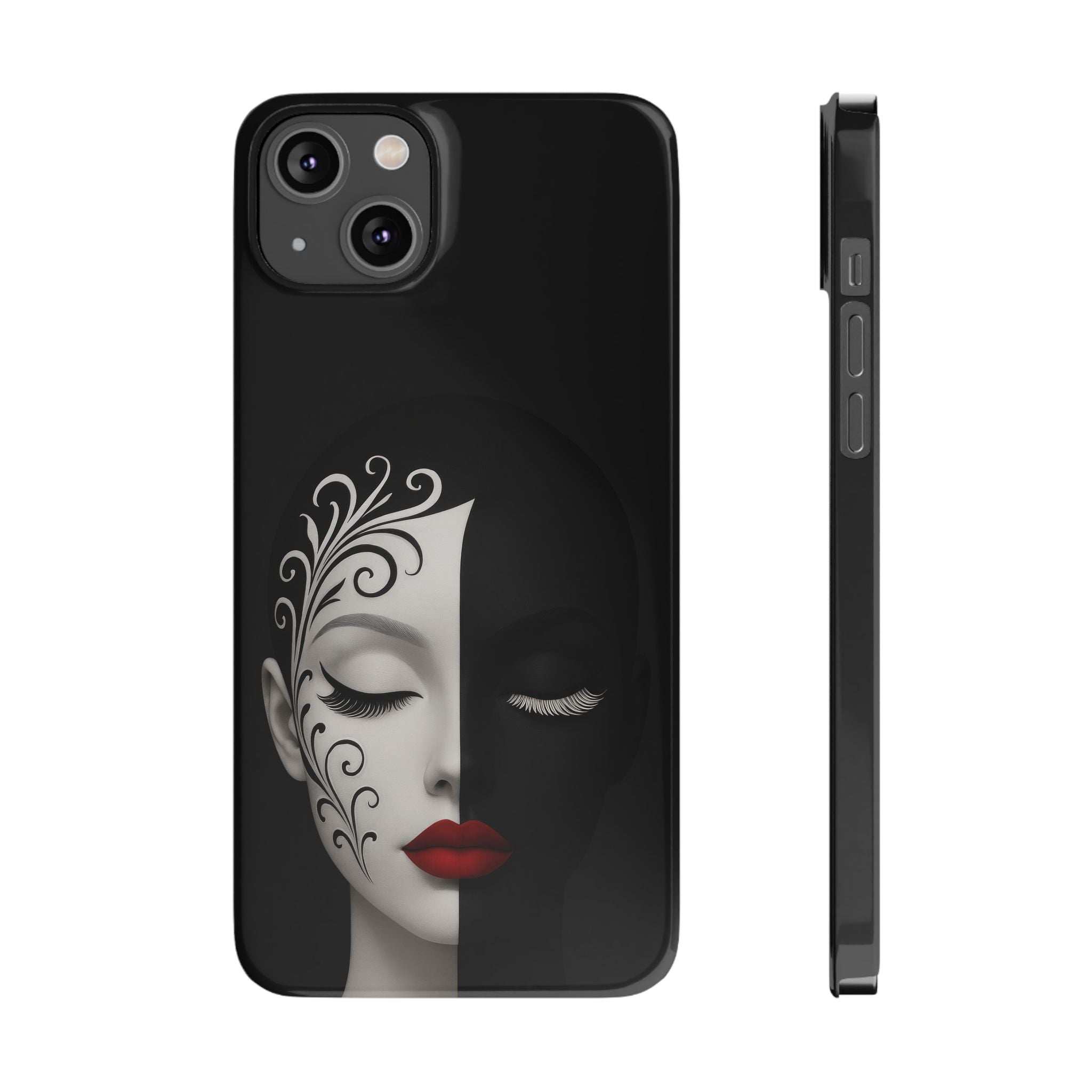 Black phone case with ornate woman face art, red lips, and side port openings