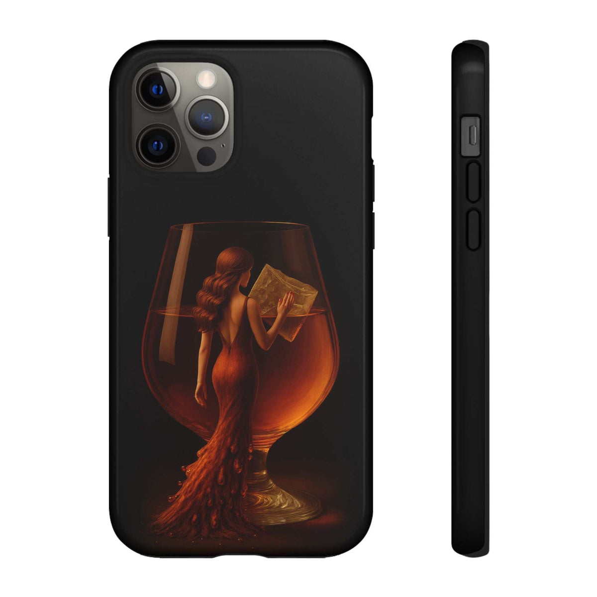 Glossy black phone case with figure holding book graphic; camera lenses and flash openings