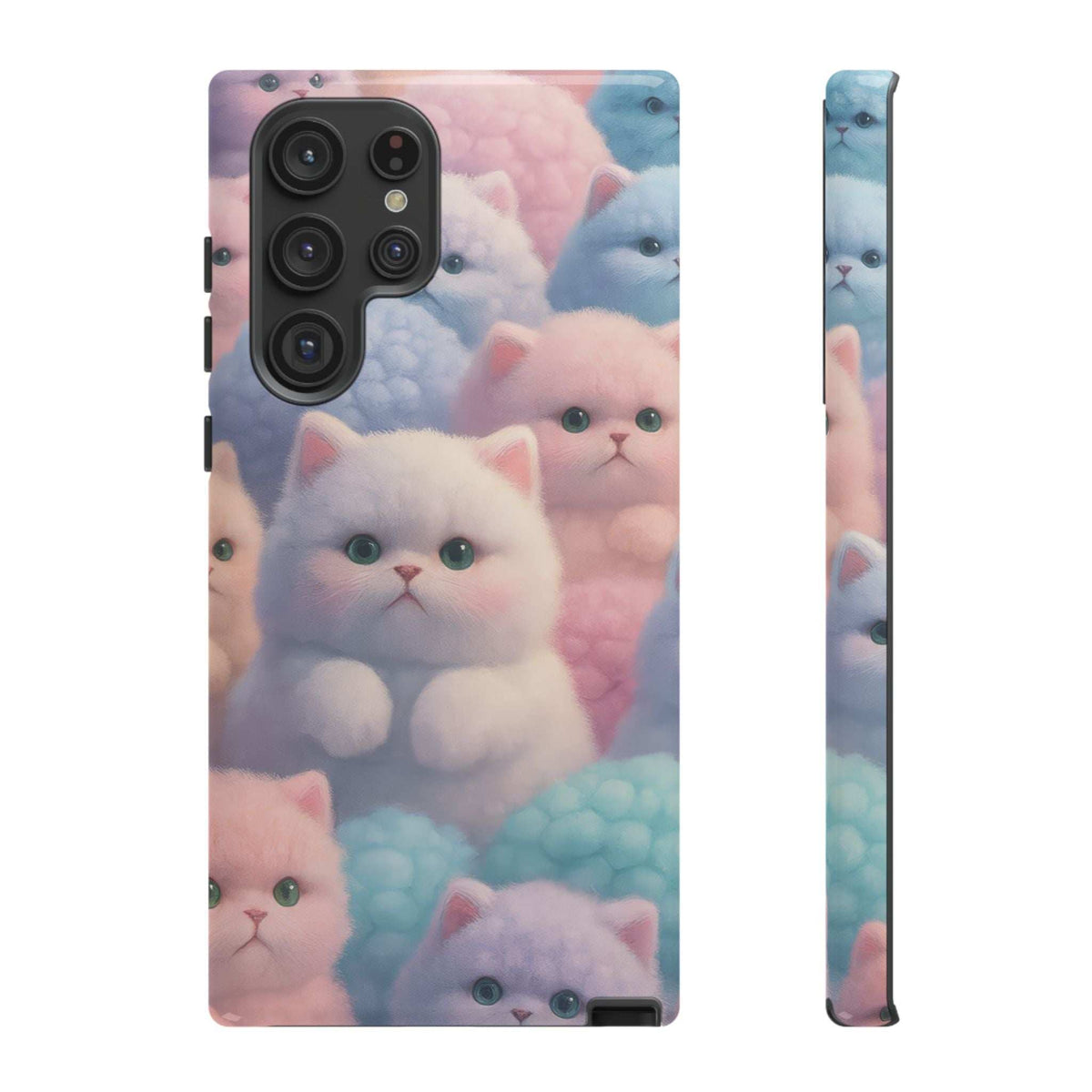 Glossy pastel kitten phone case with cat faces, back view with triple camera cutout and side