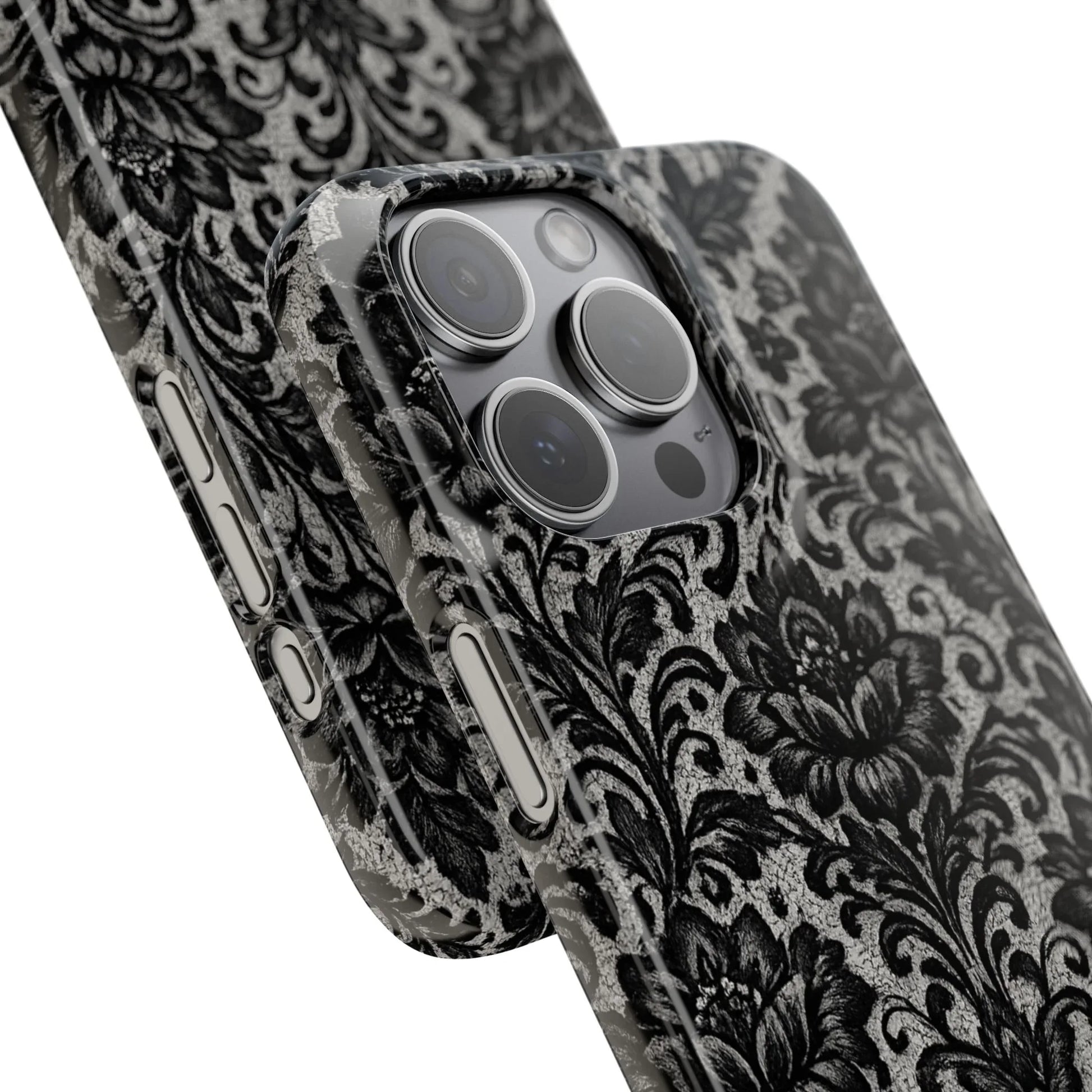 Black Damask Floral Phone Case for iPhone 11-17 and Galaxy S20-S25 - KARARMDESIGN
