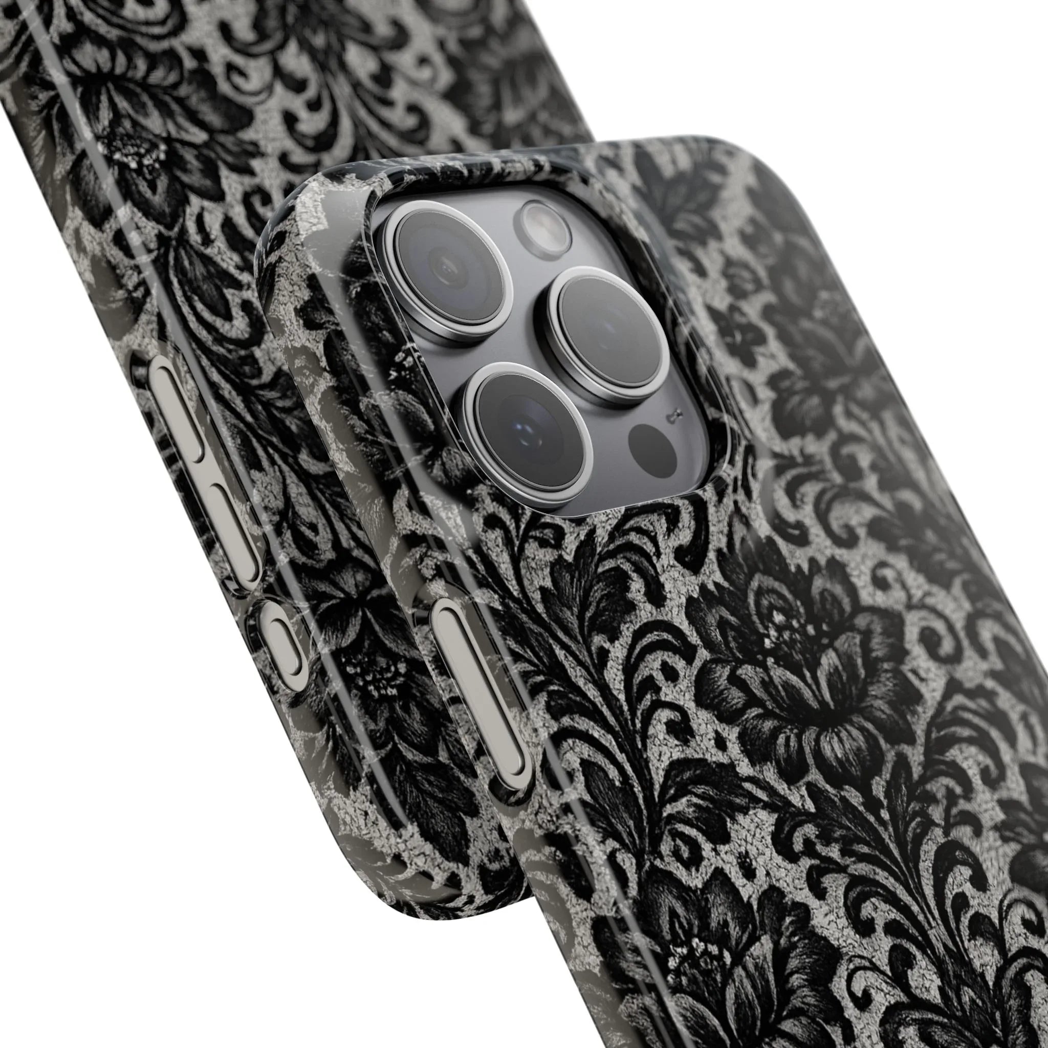 Black Damask Floral Phone Case for iPhone 11-17 and Galaxy S20-S25 - KARARMDESIGN