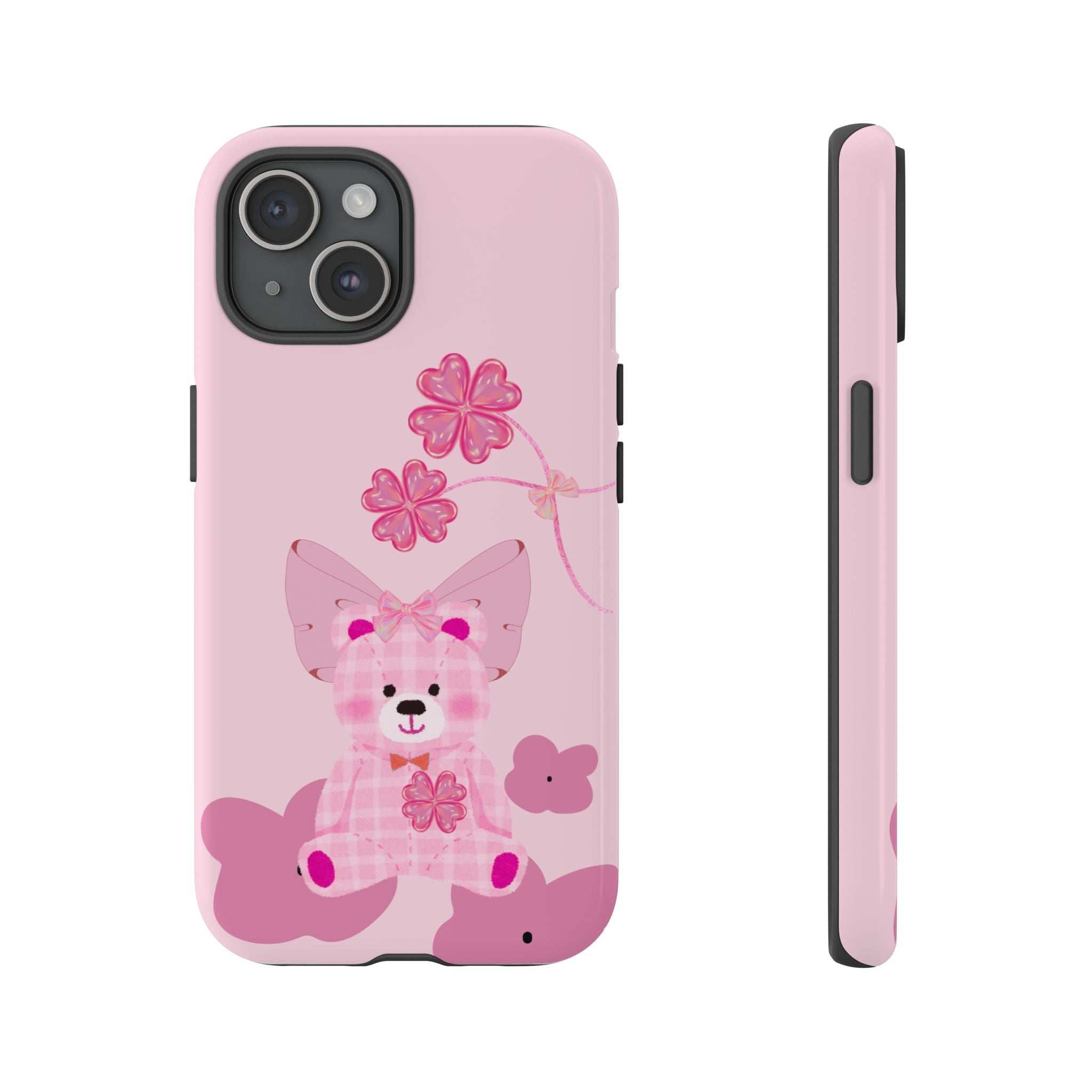 Pink teddy bear phone case with floral bow; back view and side profile shown.