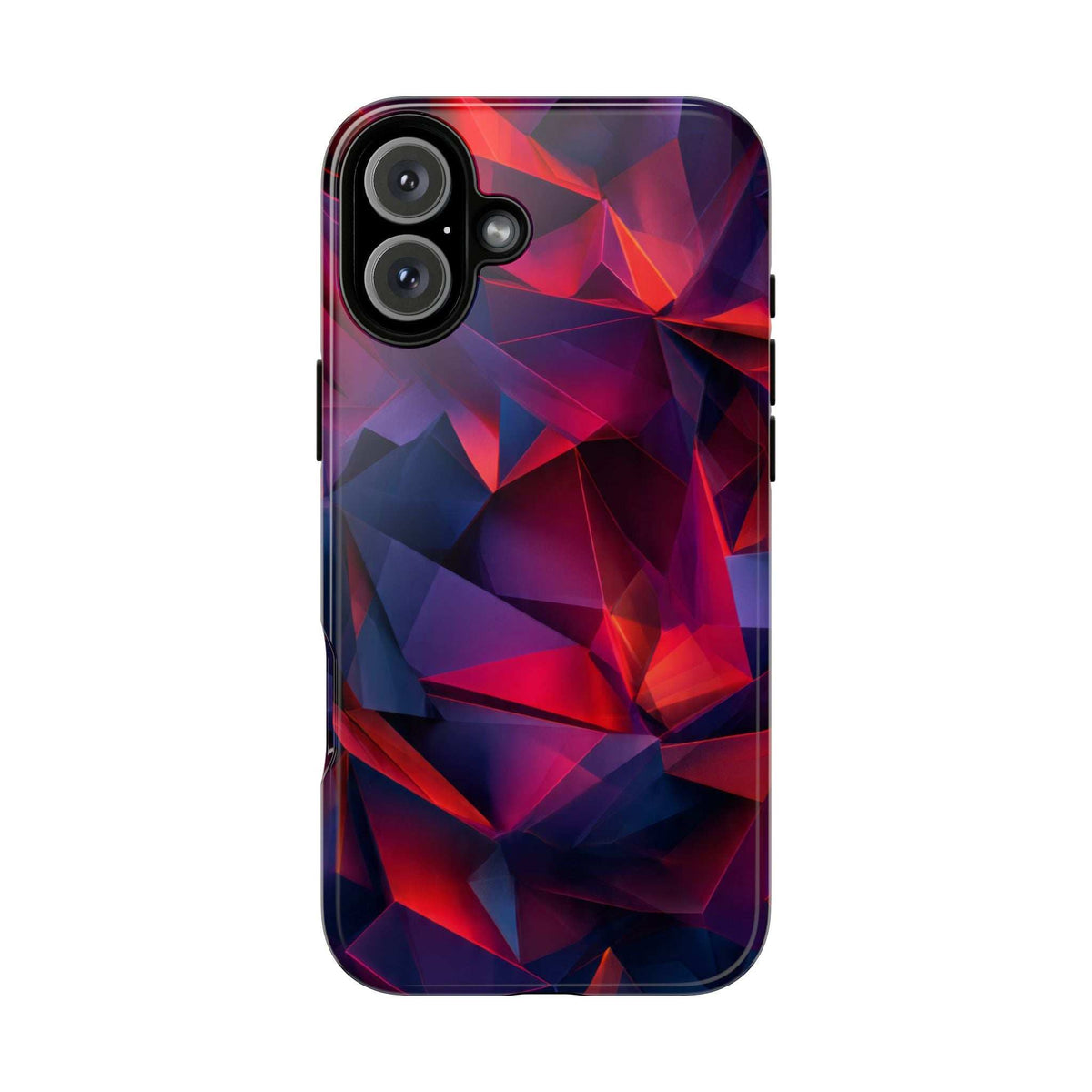 Glossy phone case with dark blue and red geometric prism print; triple camera cutout