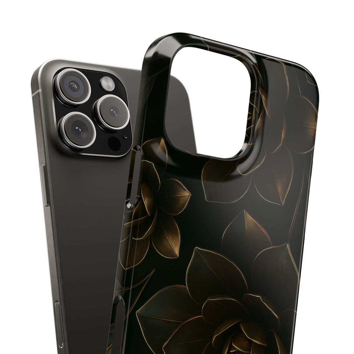Glossy black phone case with gold rose floral design and large camera cutout