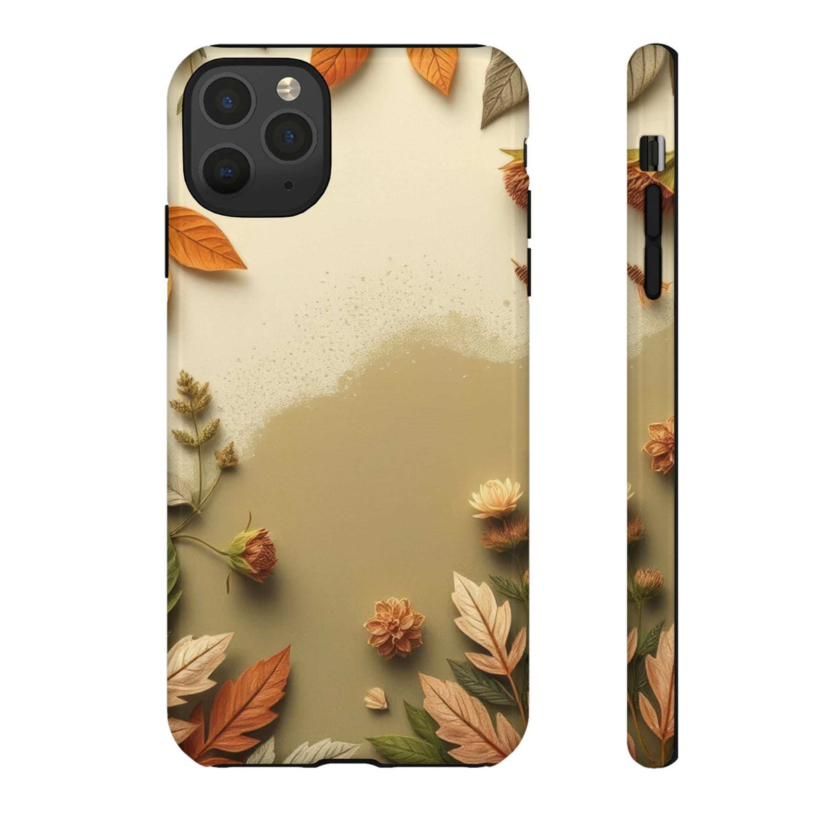 Autumn leaves phone case front with camera cutout and side view of the frame.