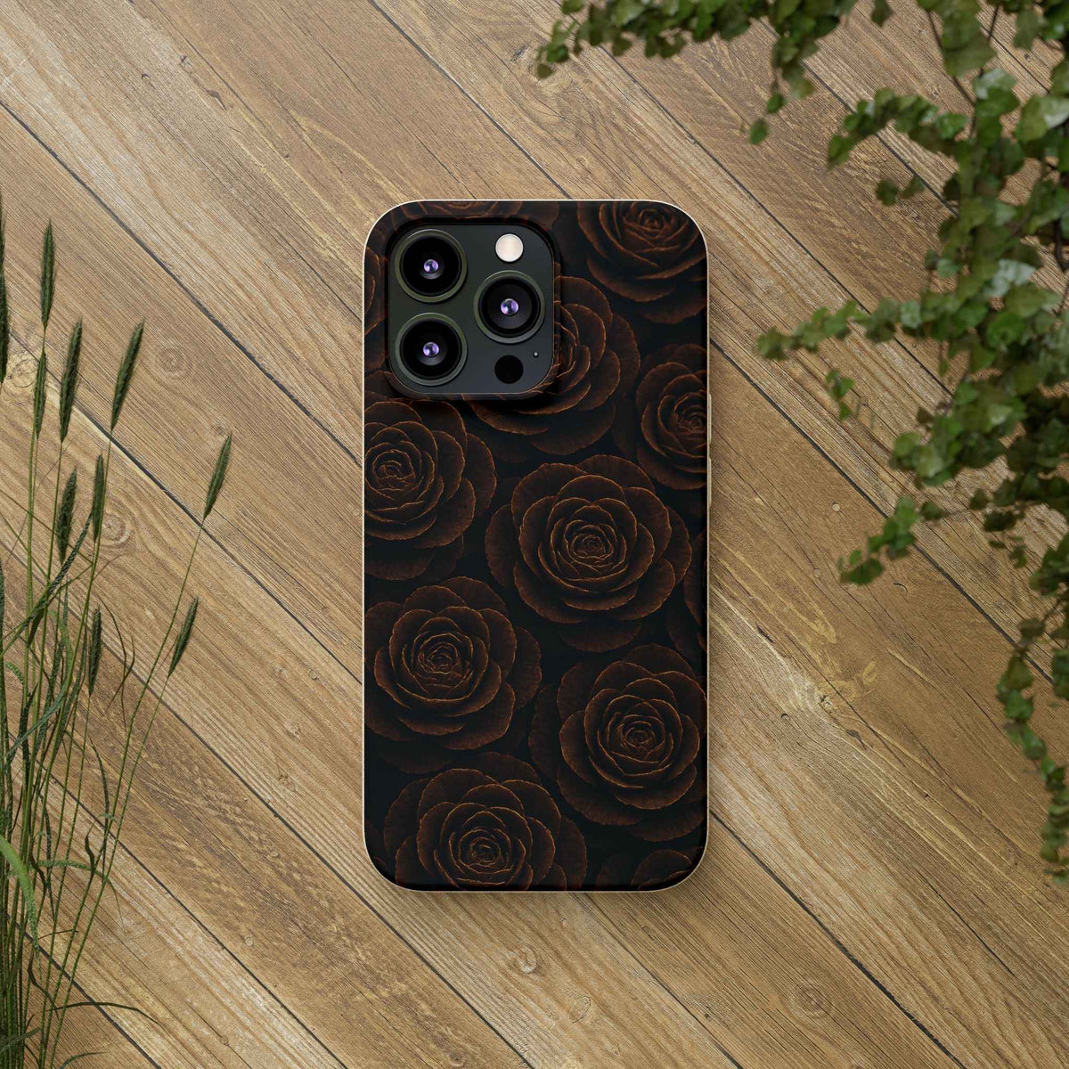 Wooden rose phone case back with dark rose pattern and multi-camera cutouts