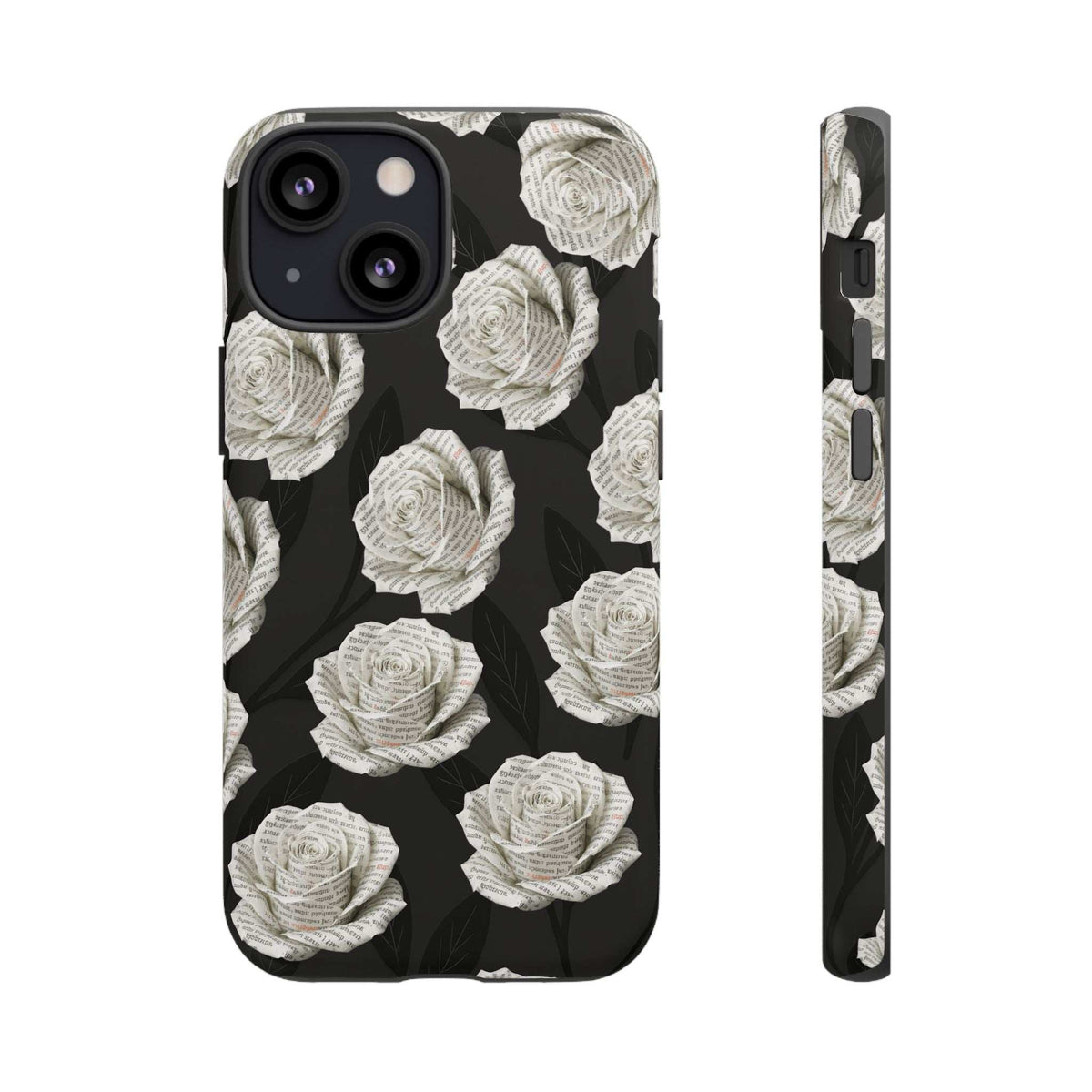 Black phone case with white rose pattern, visible camera module cutout and volume openings