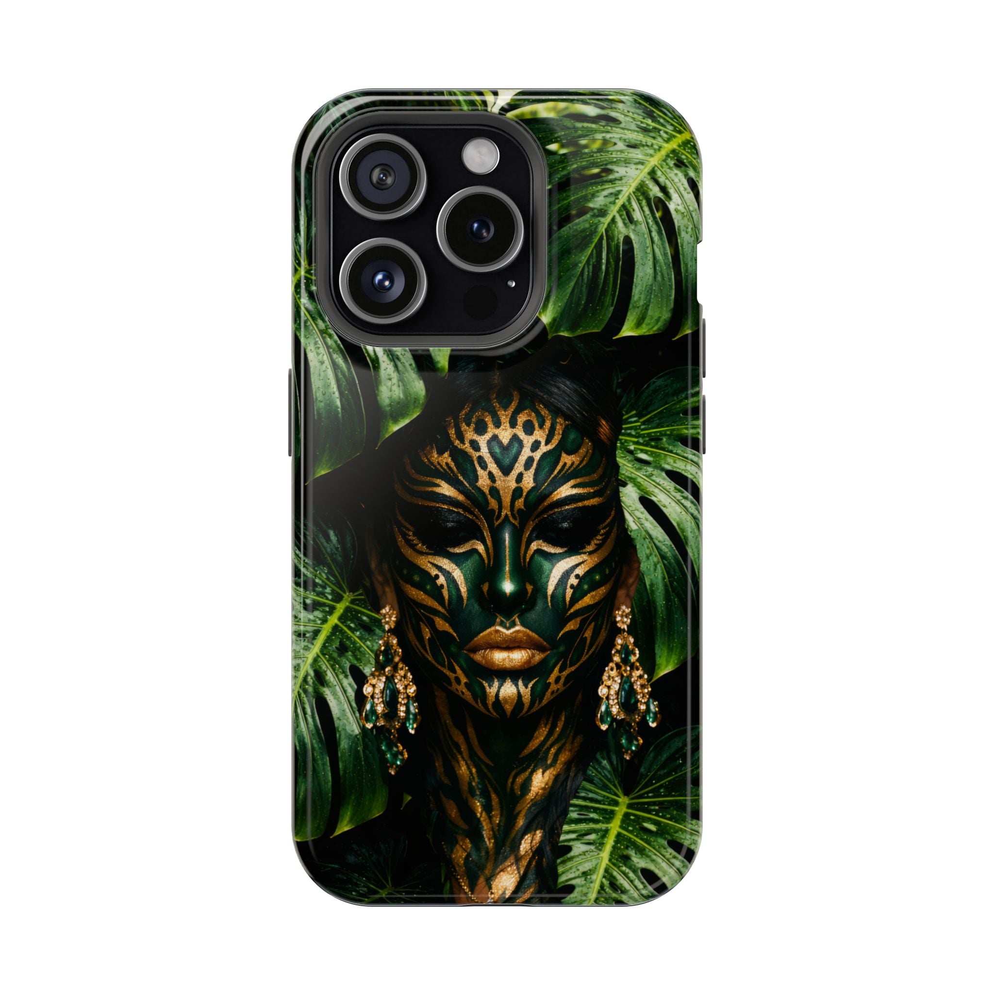 iPhone phone case with jungle leaves and golden mask illustration, front view