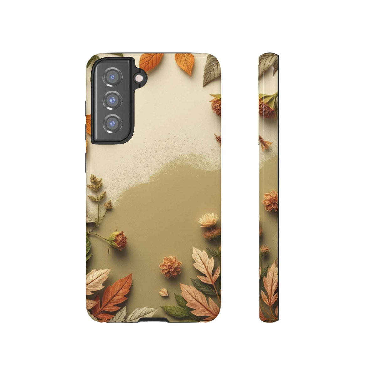 Phone case with autumn leaves print, light background, and rear camera cutouts
