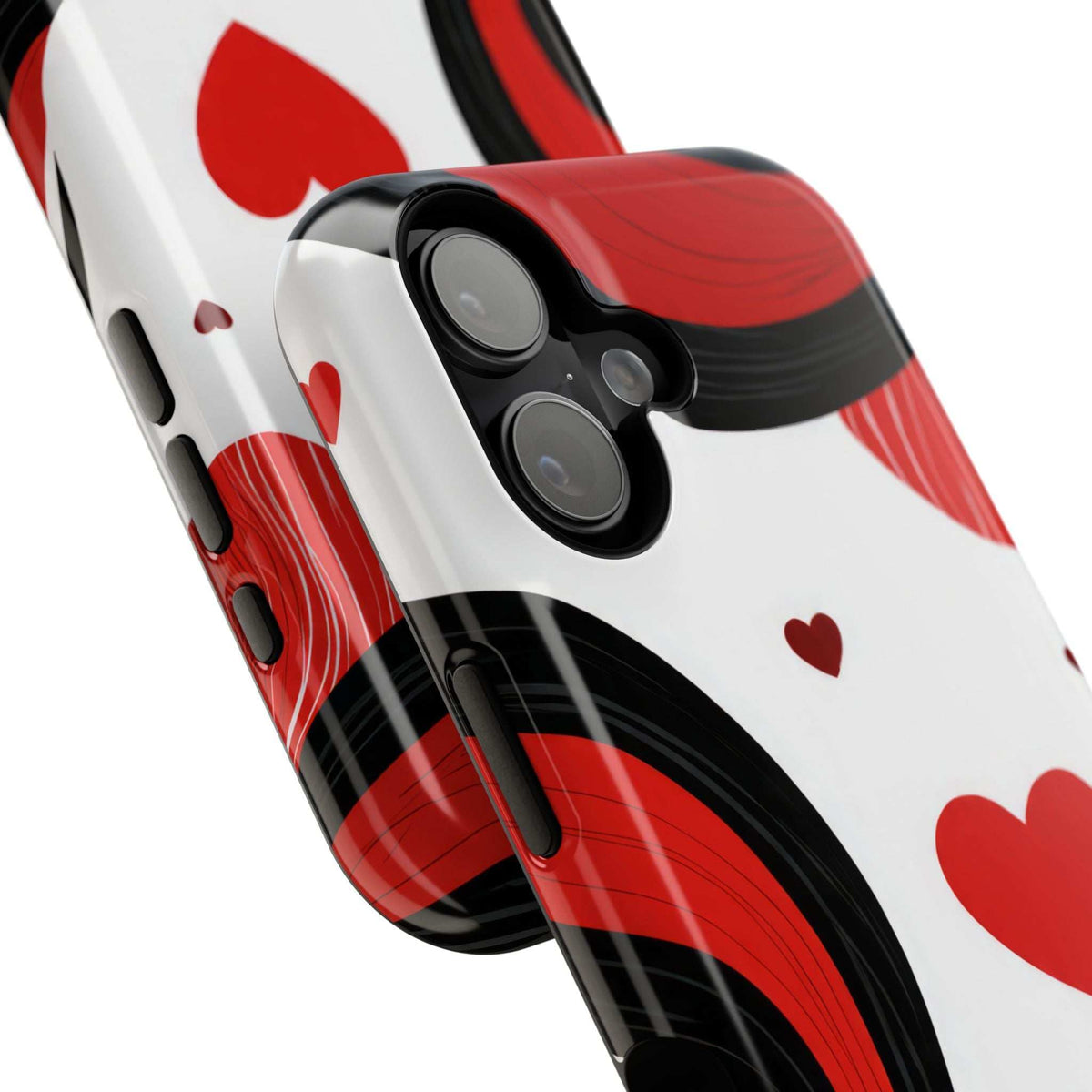 Phone case close-up of camera area with red swirls and small heart icons on white
