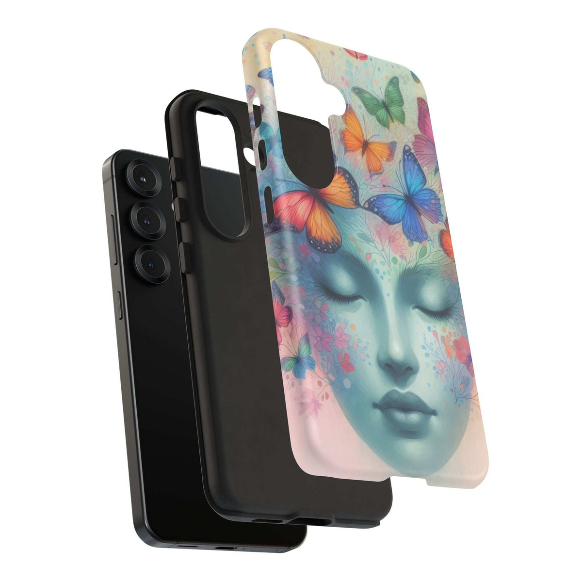 Phone case with colorful butterflies and teal face artwork; precise camera cutout
