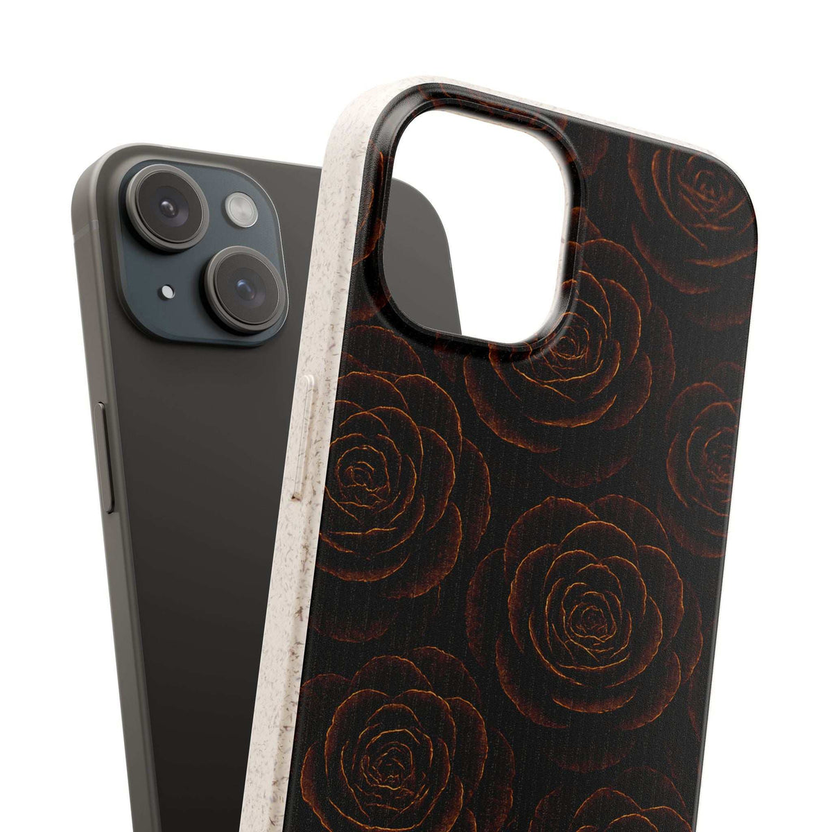 Close-up beige-edged phone case with dark rose pattern and camera cutout