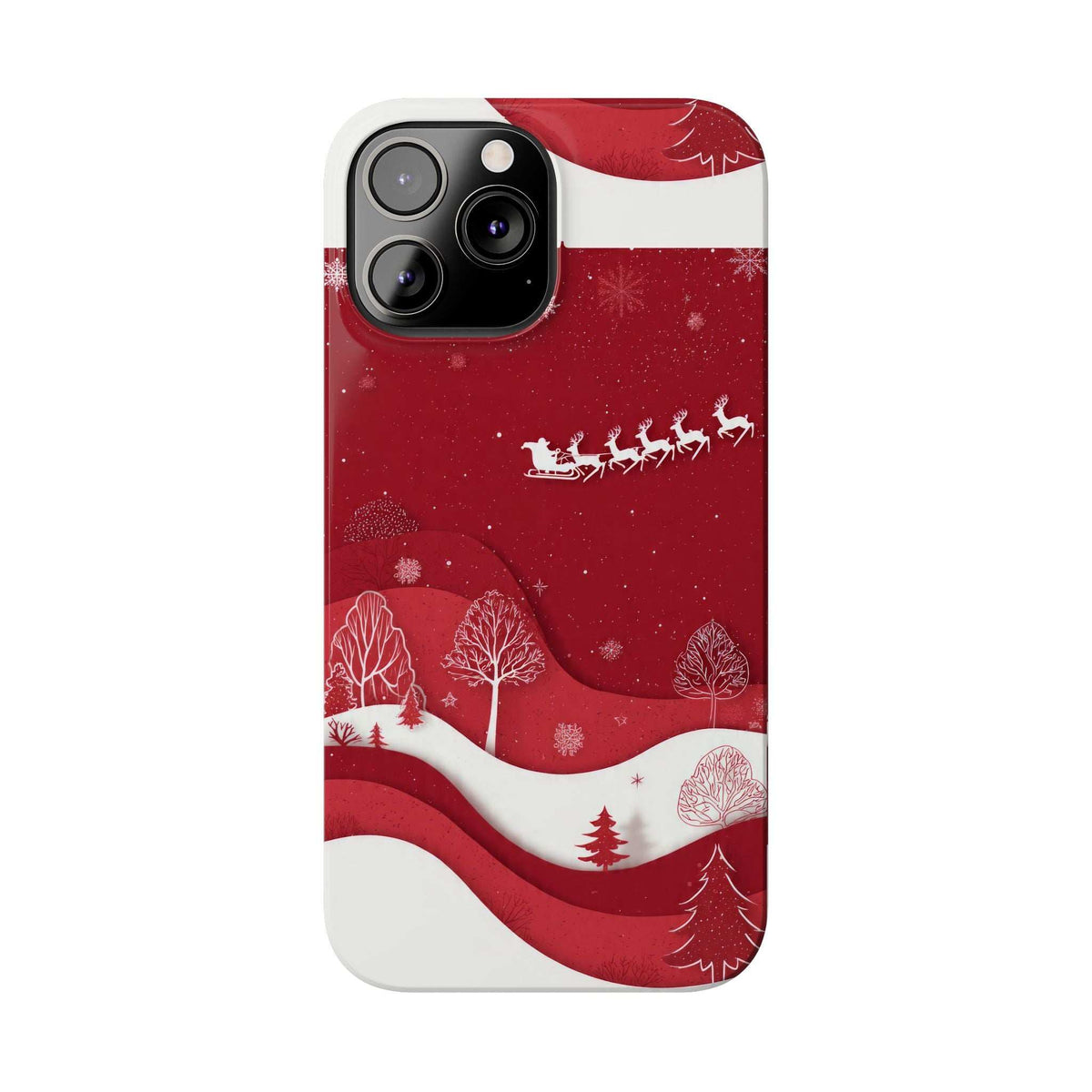 Red winter phone case with sleigh procession, trees, and snowy landscape print