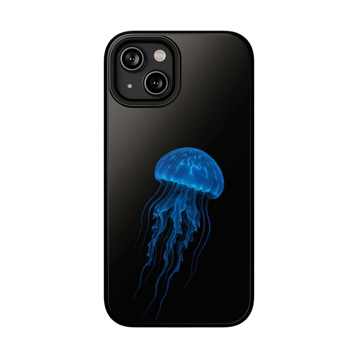 Black phone case with blue jellyfish graphic, smooth back and camera cutouts
