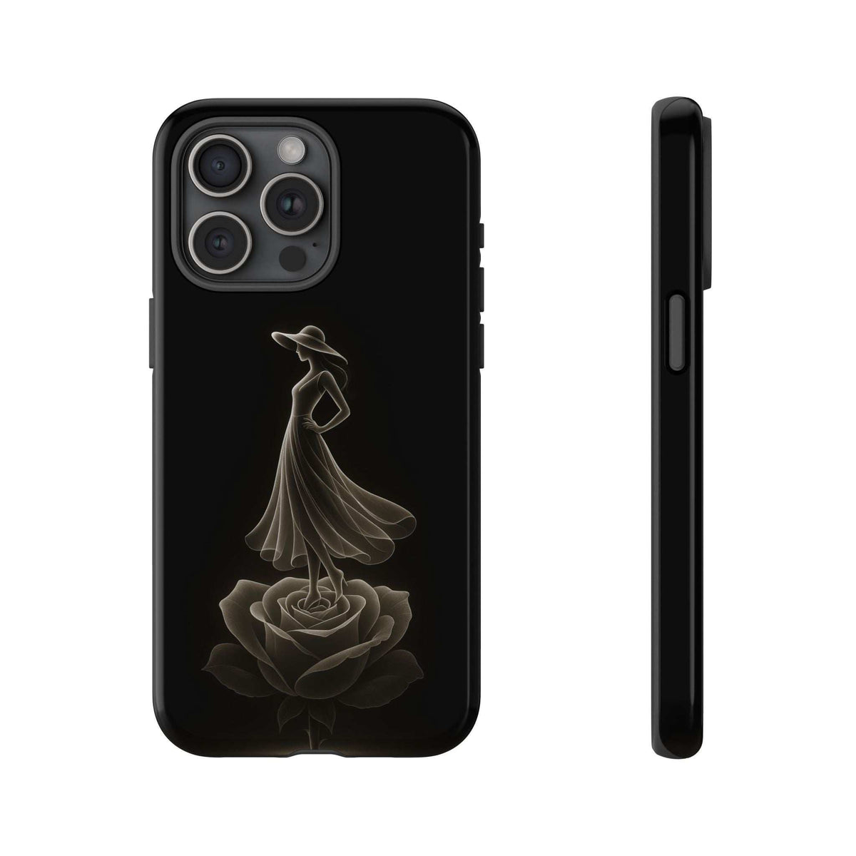 Glossy black phone case featuring ballerina and rose line art, front view
