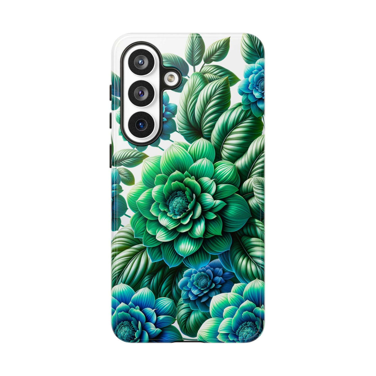 Floral phone case with green and blue leaves and blooms, side buttons cutouts visible