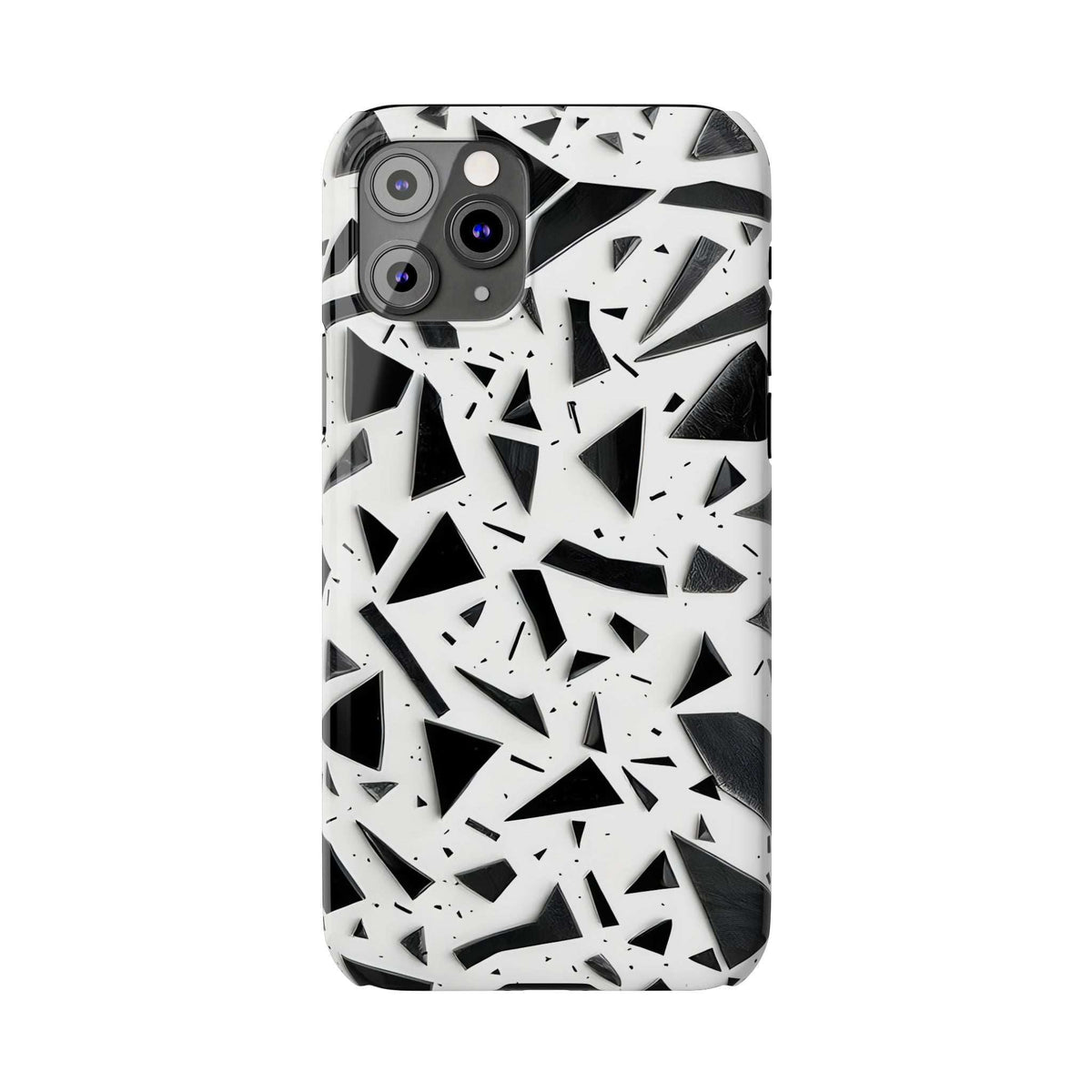 Slim phone case with black and white abstract shards pattern, front camera cutouts