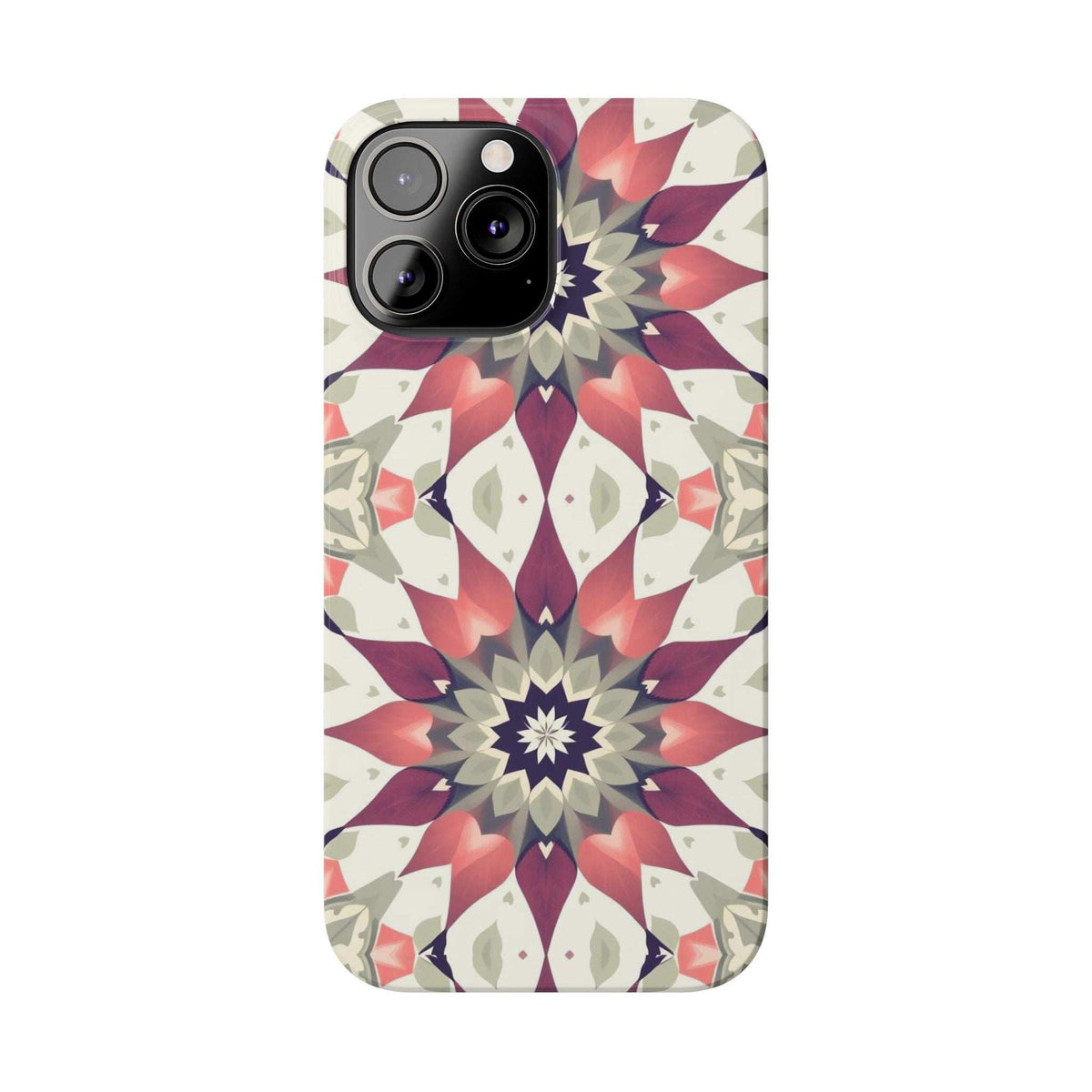Phone case with centered burgundy and navy mandala flower design on cream, top-left camera openings.