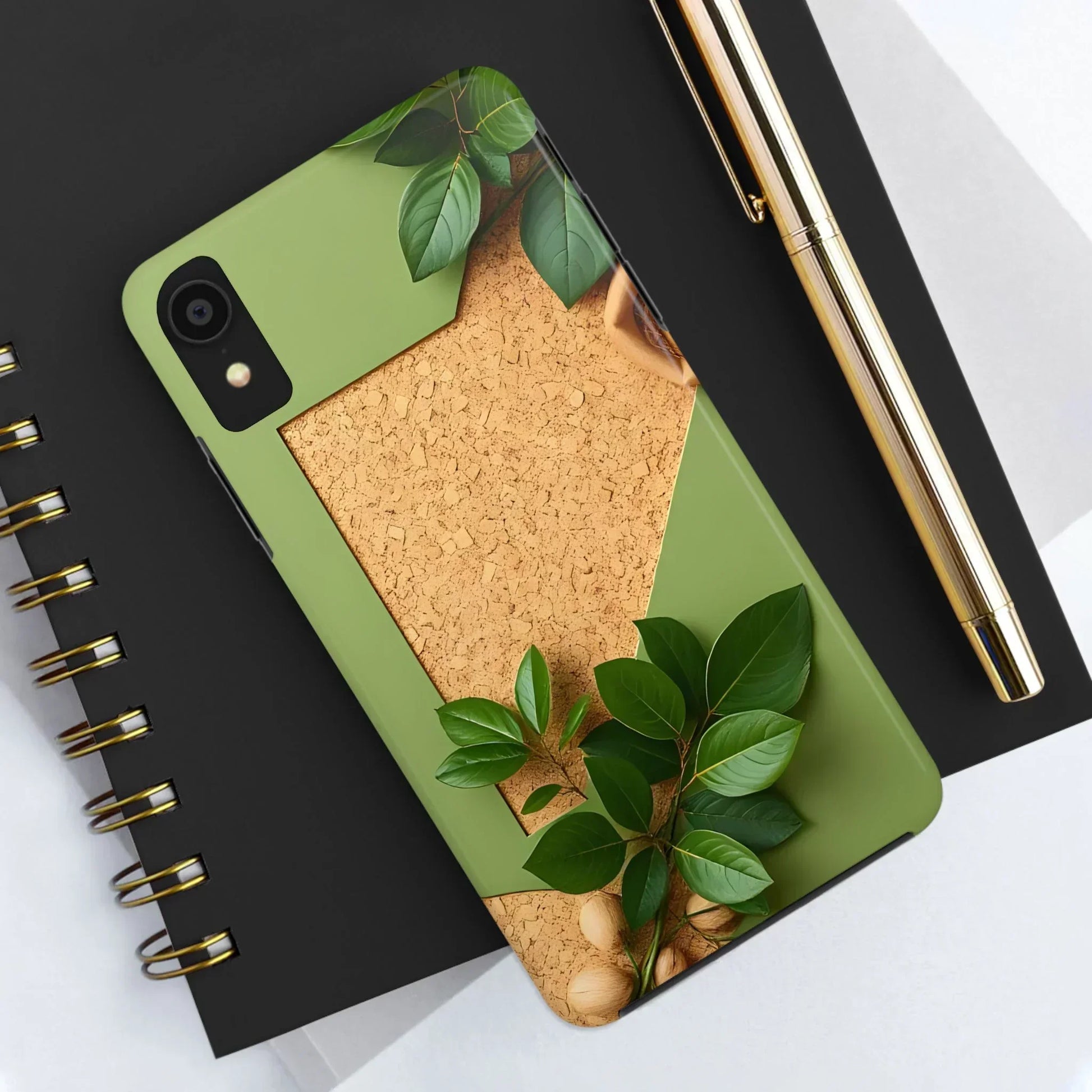 Eco-Inspired Tough Phone Case – Cork Texture with Leaf & Seed Design for iPhone 7-16 and Samsung Galaxy S21-S24 - KarArmDesign