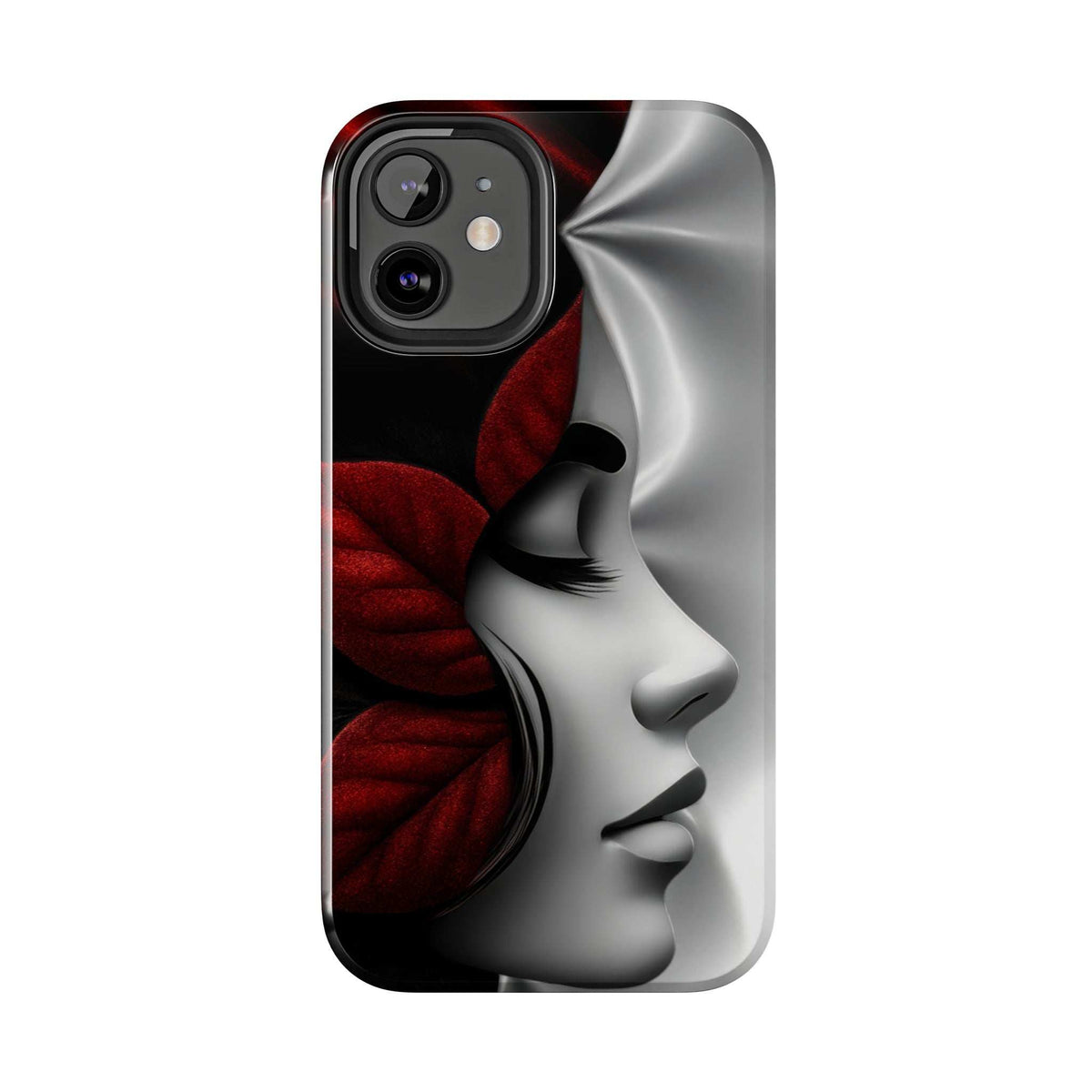 Silver face profile phone case with red lips detail for iPhone and Galaxy
