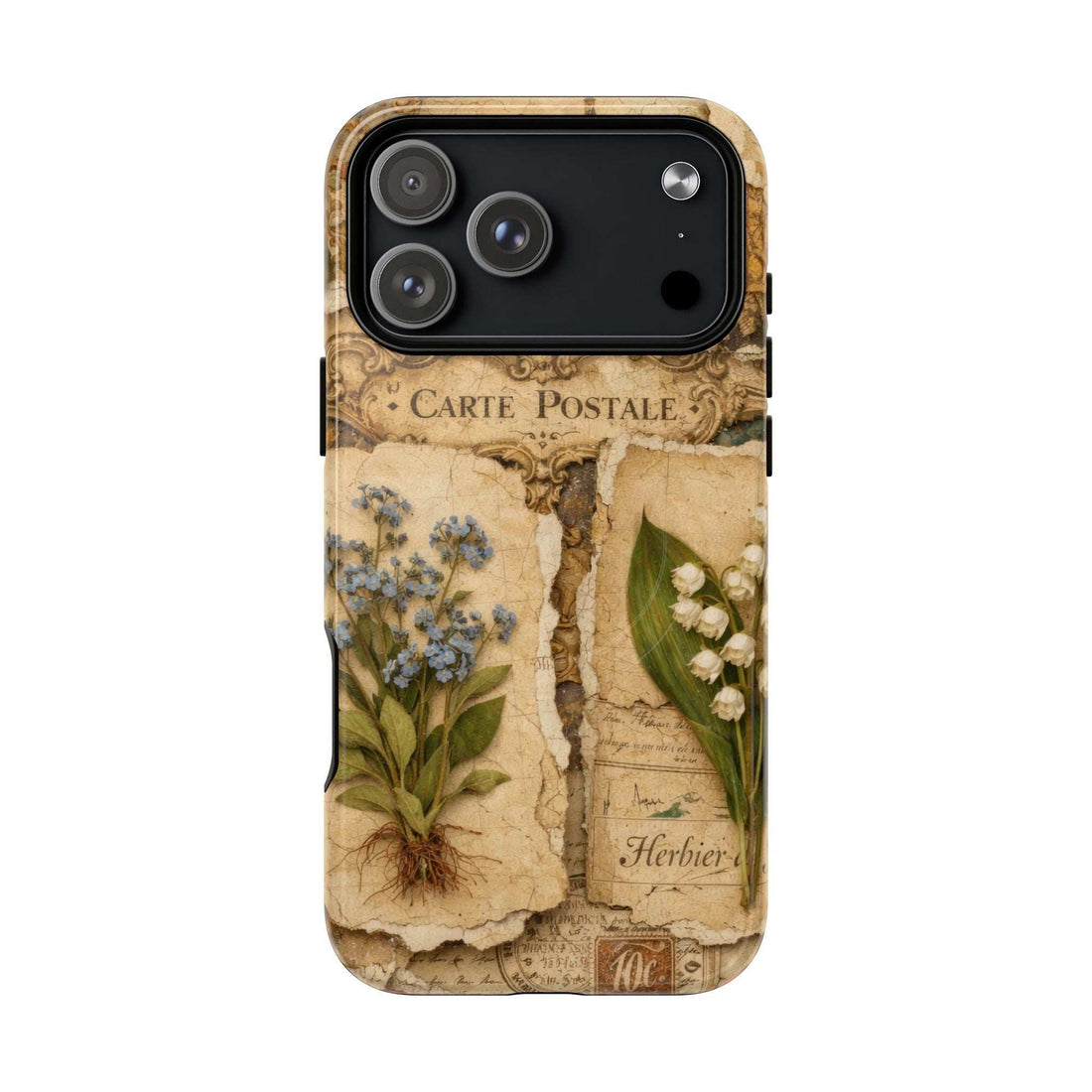 Phone case with vintage postcard design, blue wildflowers, green leaves, and camera cutout