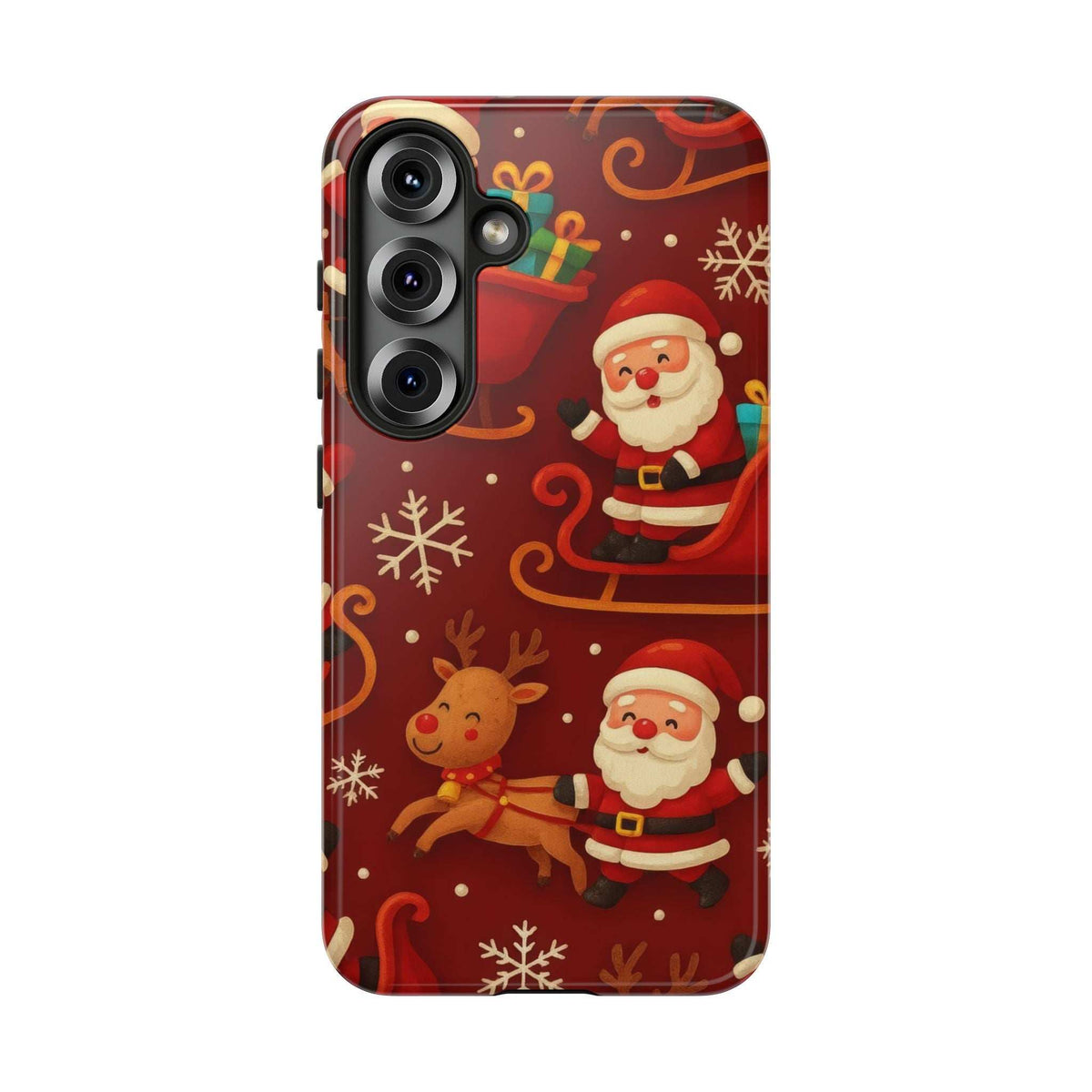 Glossy Santa and reindeer sleigh pattern phone case, side buttons and triple camera
