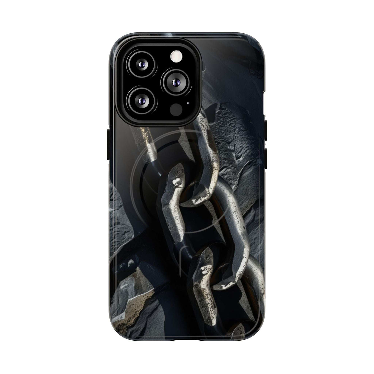 Black tough phone case with chain-link graphic and glossy look, camera lens cutouts