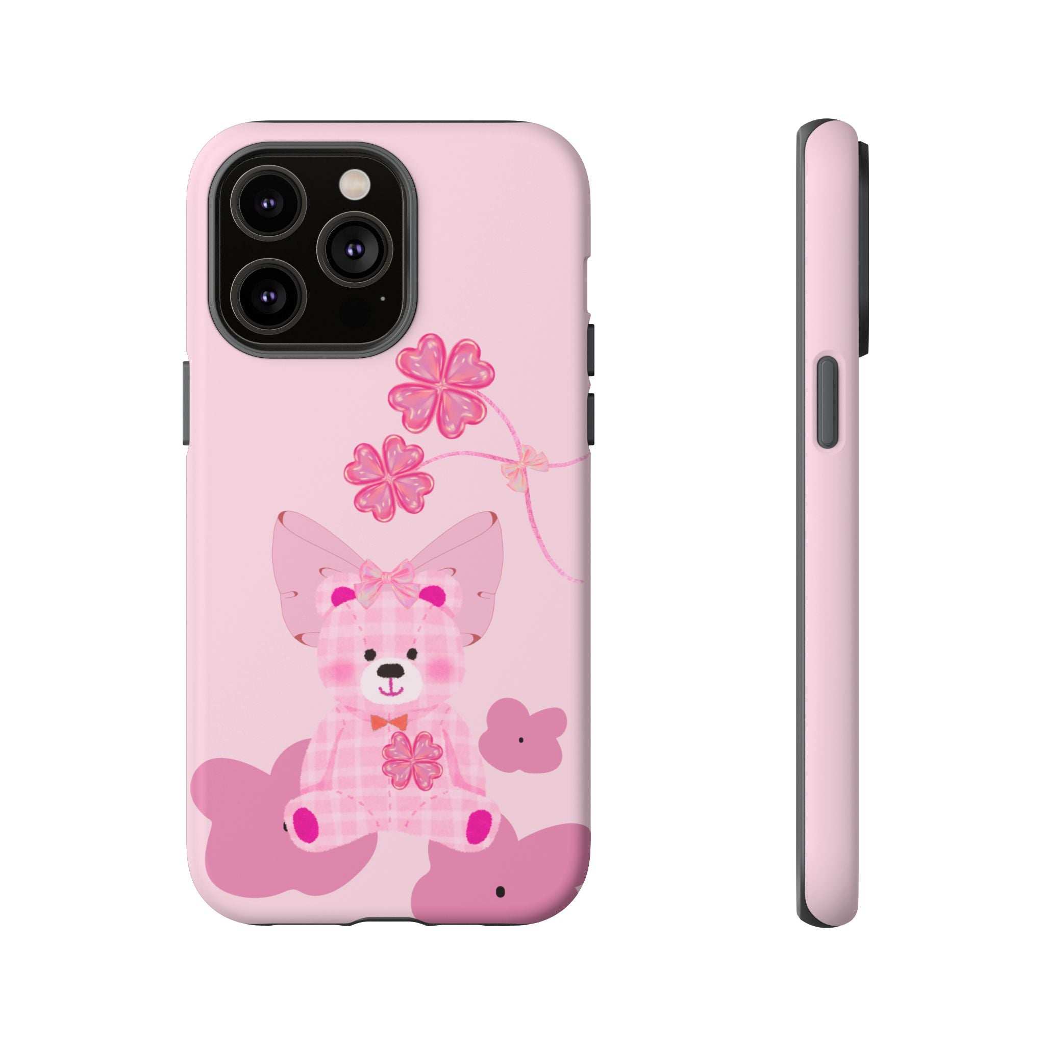 Pink phone case featuring teddy bear and bow; back plus side profile with openings.