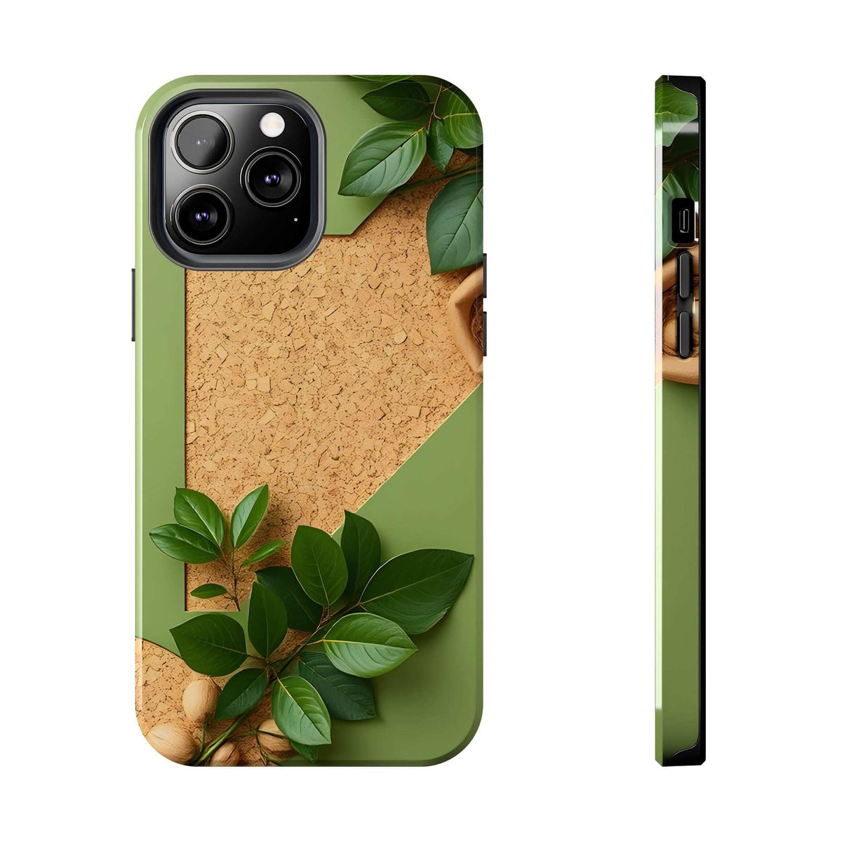 Green eco phone case with cork-like center and leafy accents; camera module with cutouts