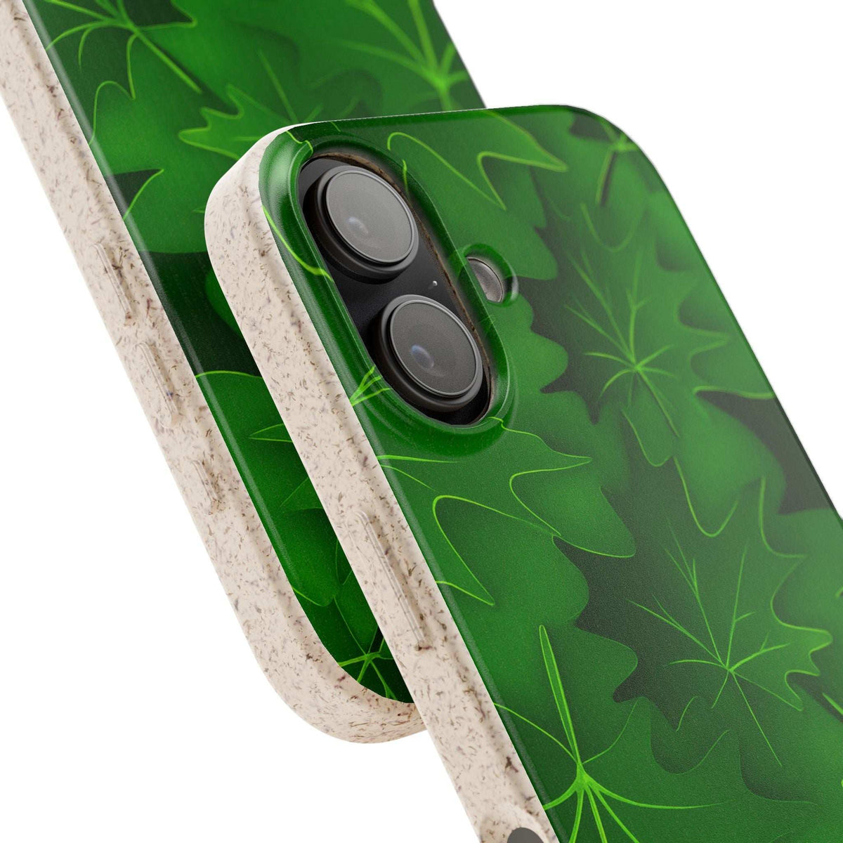 Green leaf-pattern phone case with raised triple camera bump, angled view
