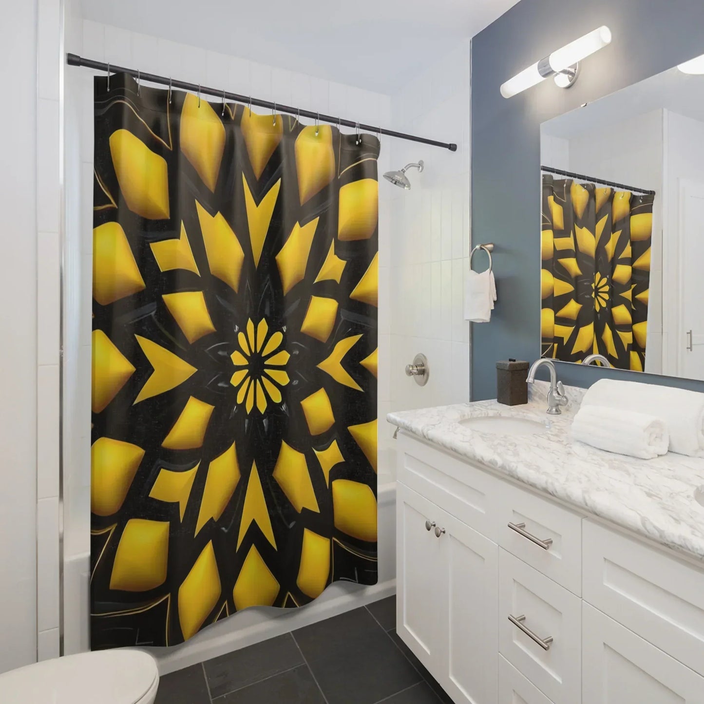Black & Yellow Geometric Shower Curtain – Bold Modern Bathroom Decor - KarArmDesign