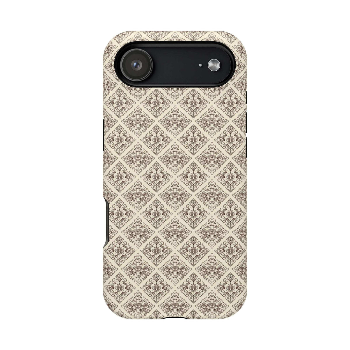 Beige ornate diamond phone case with smooth back and horizontal camera cutout