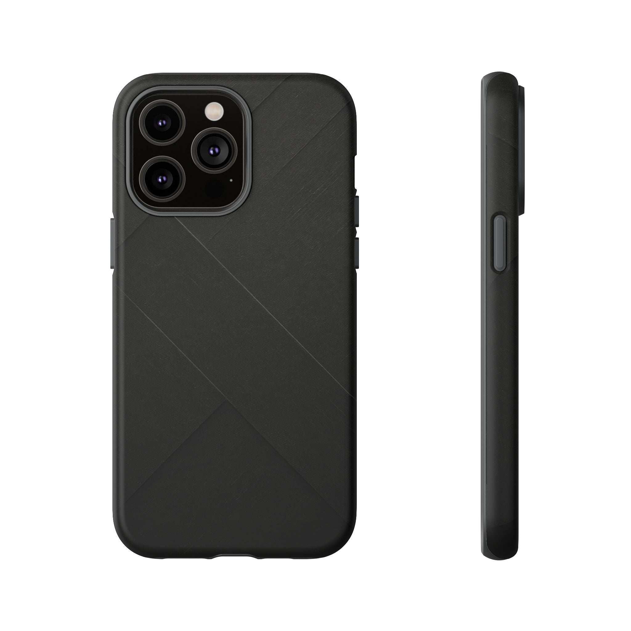 Matte black phone case featuring diagonal line pattern, camera openings, and raised edges.