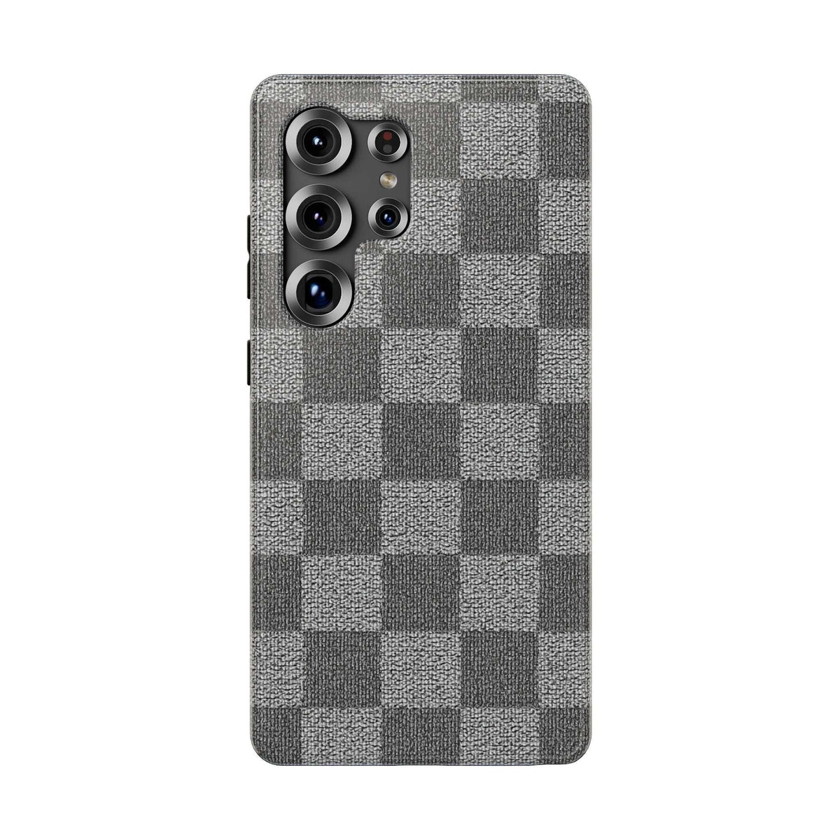 Gray checkered phone case with textured fabric and four-lens camera module cutouts.