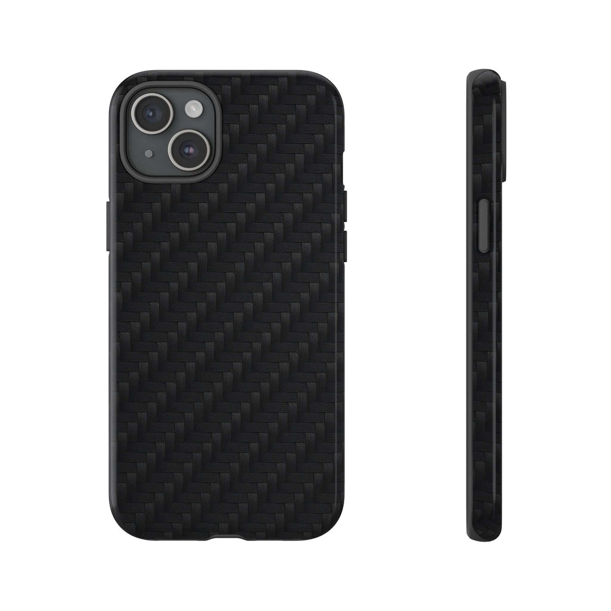 Black carbon fiber phone case with camera module openings and textured back, front and side view.
