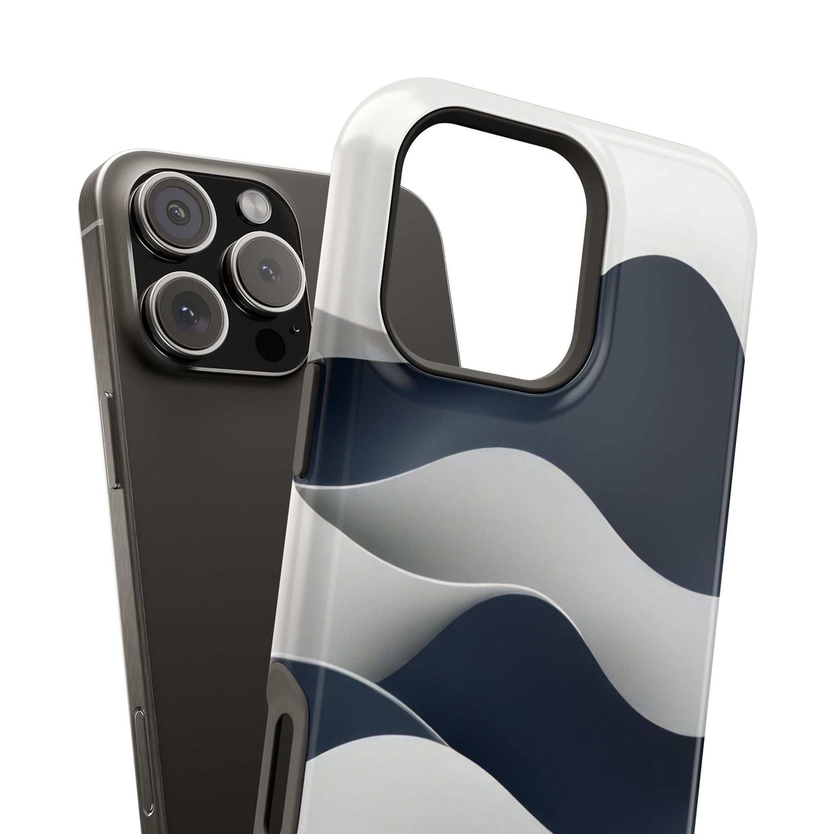 Glossy phone case with white and navy wave design and raised camera bezel