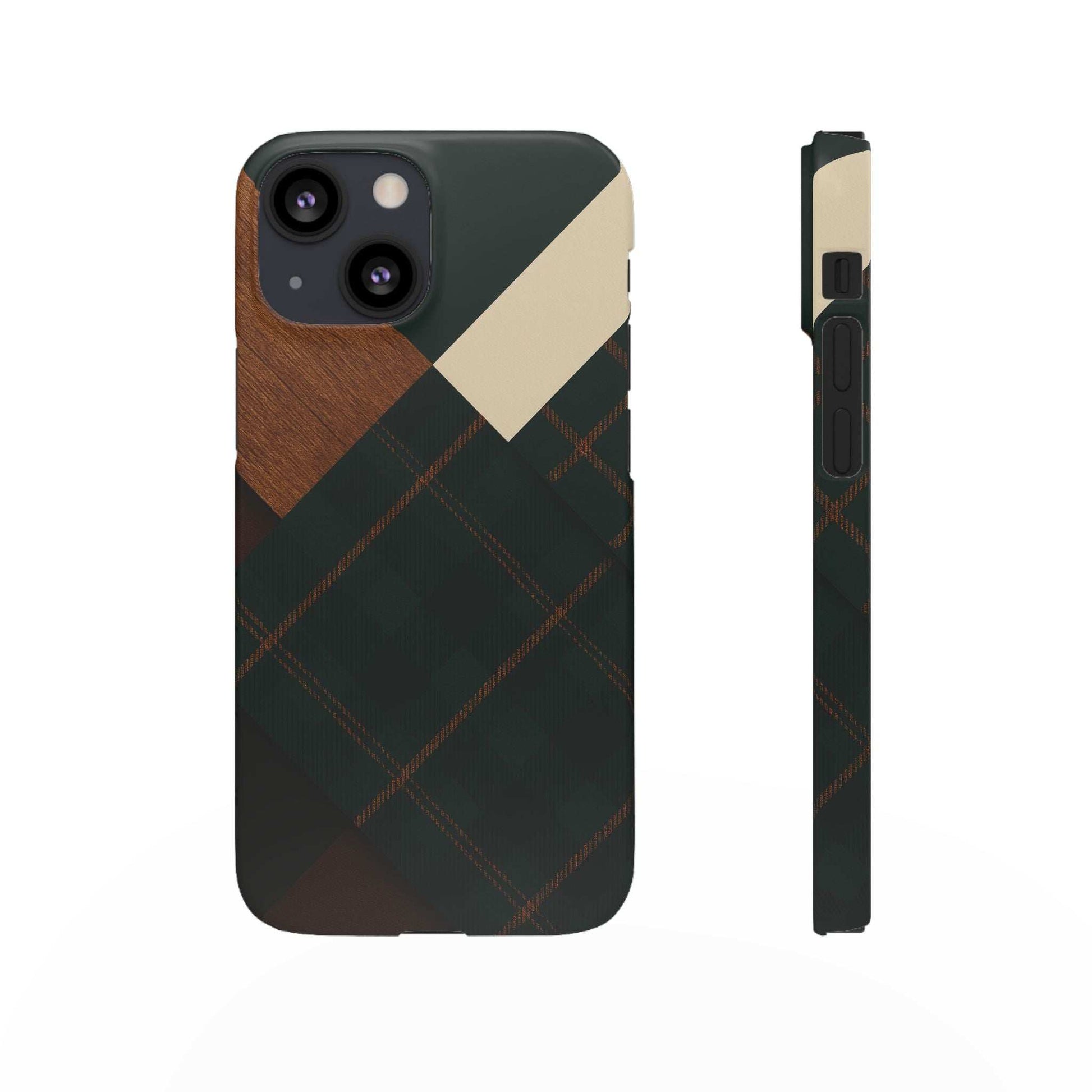 Dark green phone case with tan corner and plaid design; side buttons and cutouts shown.