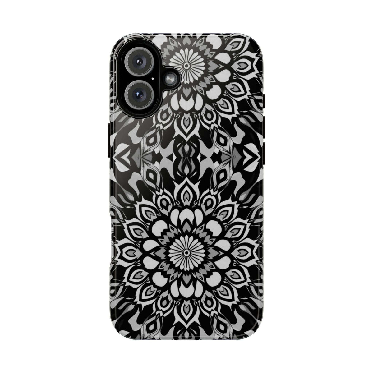 Black phone case with white mandala design, raised edge and camera openings