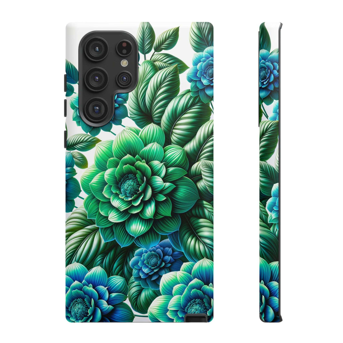 Green and blue floral phone case with camera module cutouts, front and thin side edge.