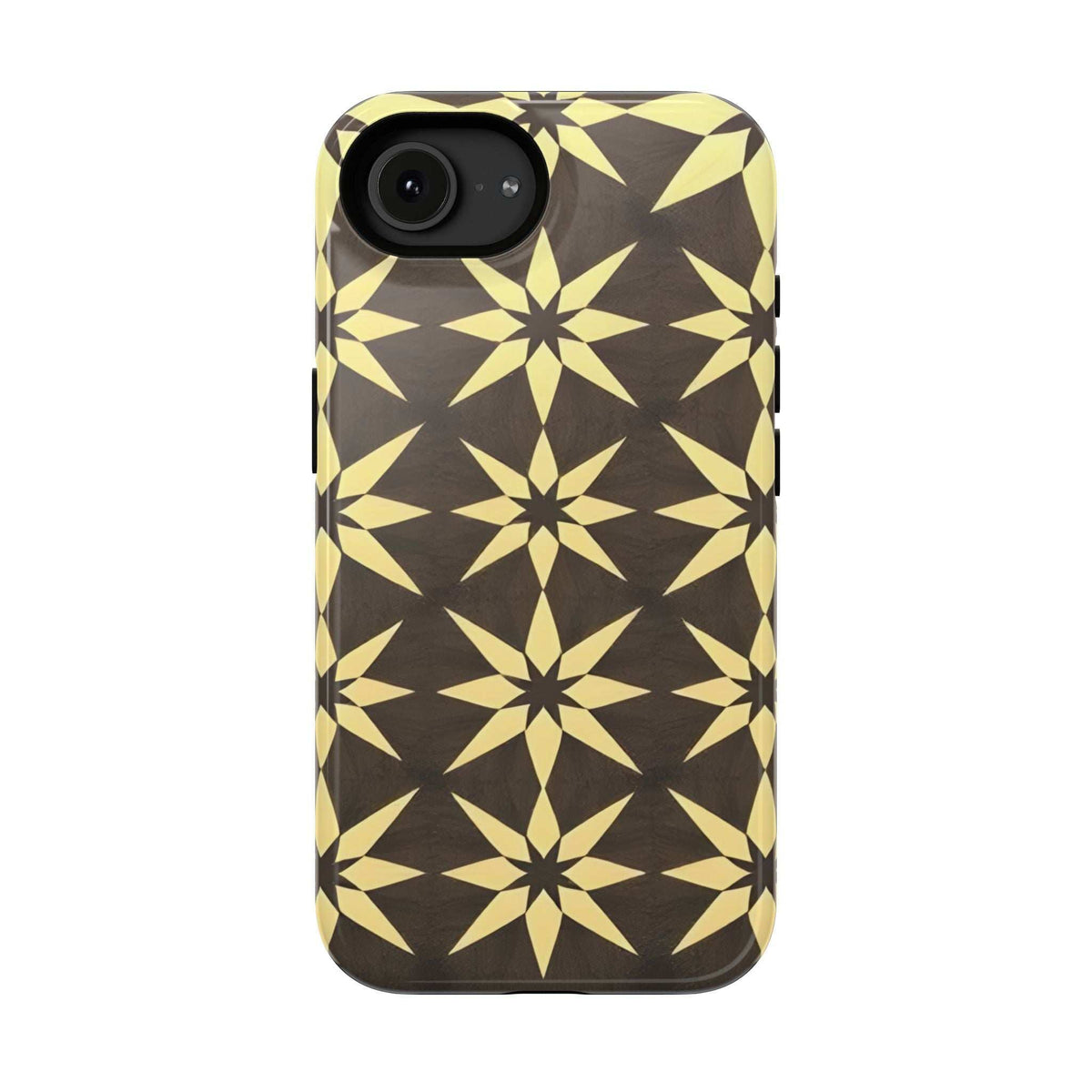 Phone case with geometric star pattern in black and gold; centered single camera opening.